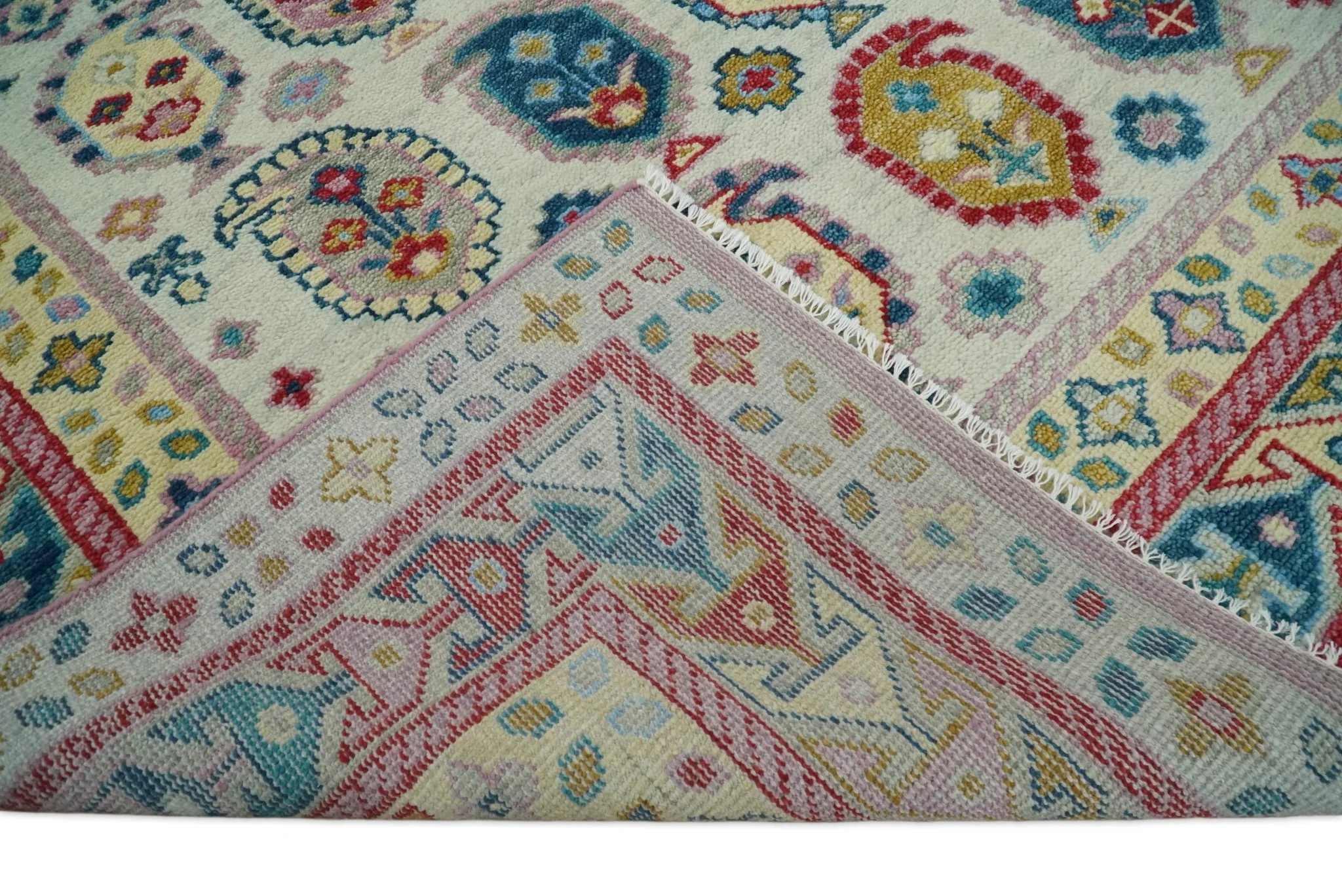 Eclectic Vibrant Colorful Ivory, Teal, Gold and Maroon Traditional boteh design Hand knotted Multi Size wool Area Rug - Image 9