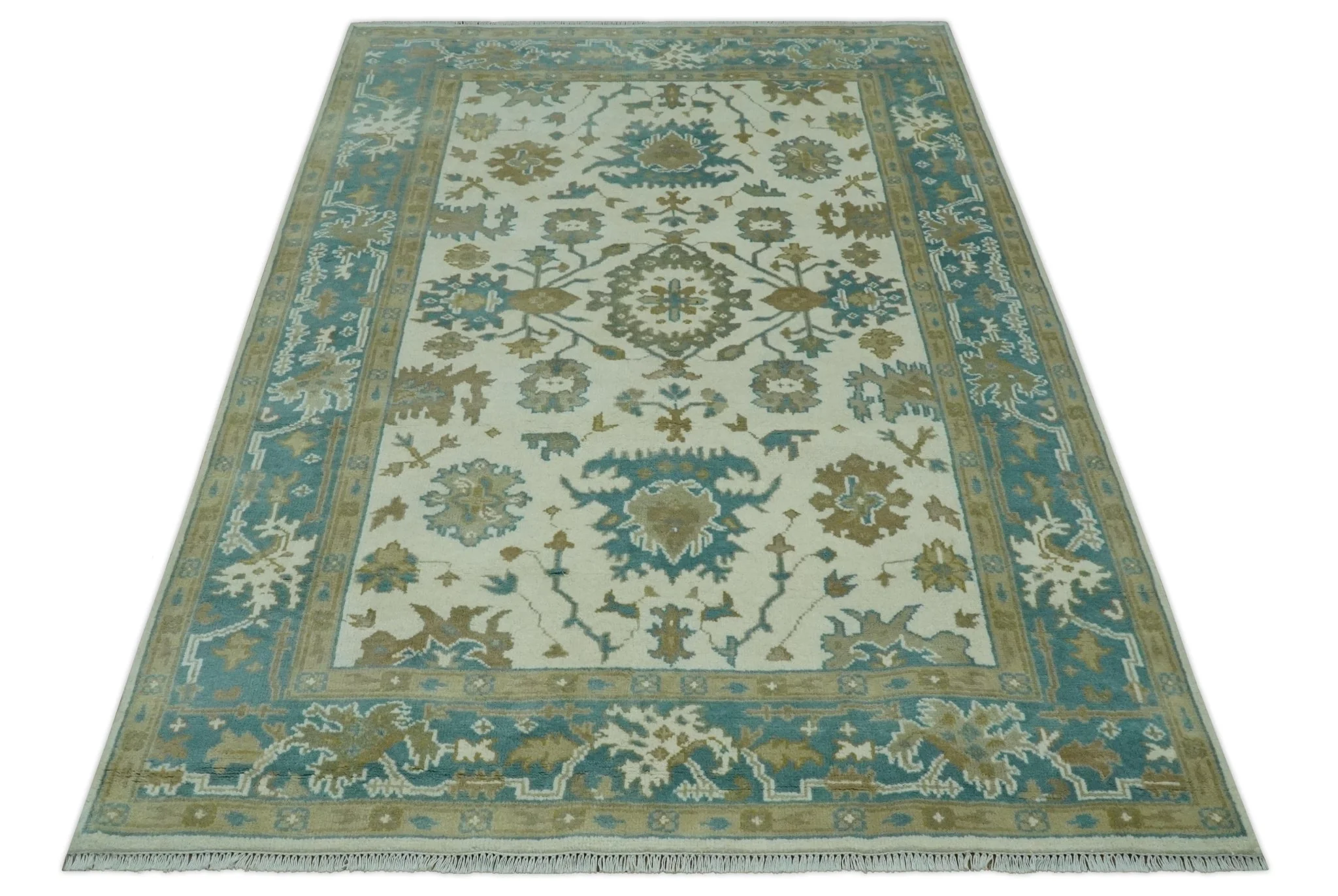 Hand Knotted Ivory, Teal and Beige Traditional Oriental Oushak Multi Size wool rug - Image 10
