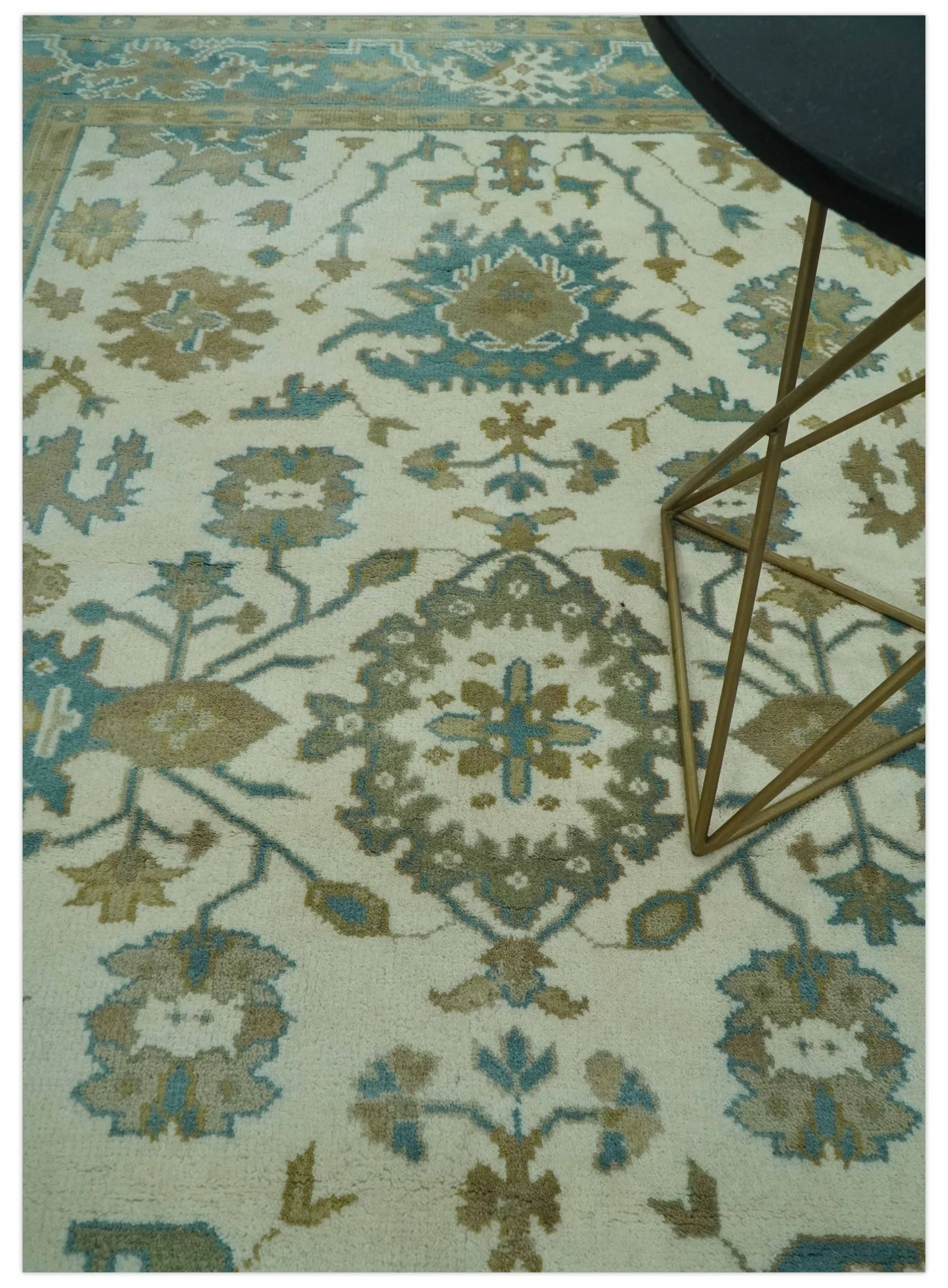Hand Knotted Ivory, Teal and Beige Traditional Oriental Oushak Multi Size wool rug - Image 2