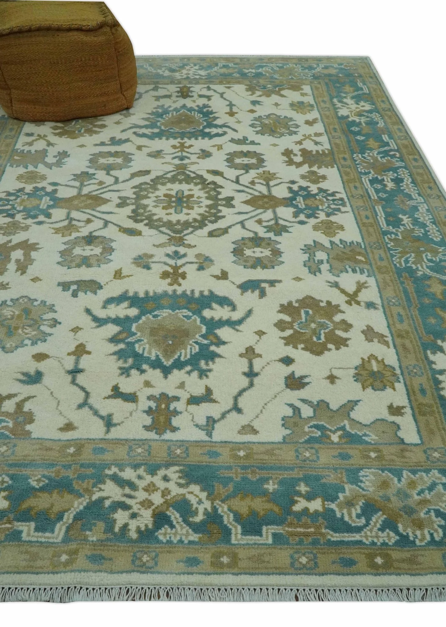 Hand Knotted Ivory, Teal and Beige Traditional Oriental Oushak Multi Size wool rug - Image 3