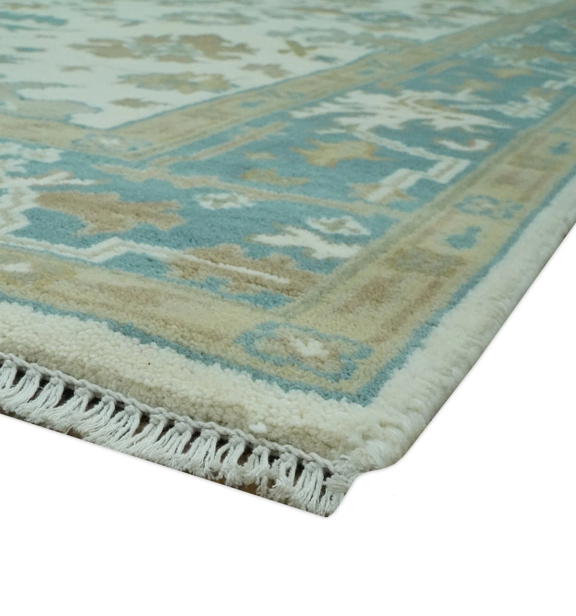 Hand Knotted Ivory, Teal and Beige Traditional Oriental Oushak Multi Size wool rug - Image 5