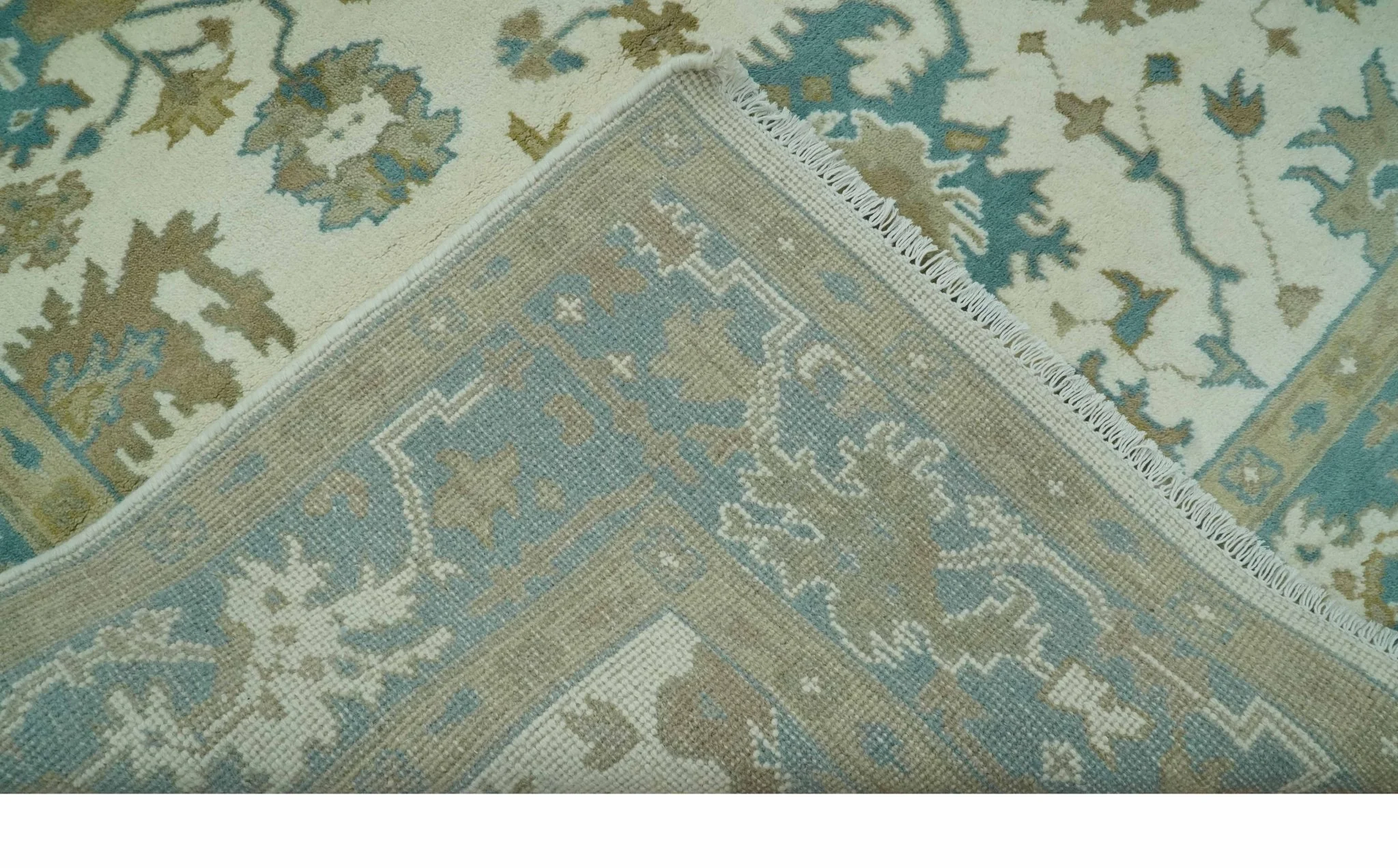 Hand Knotted Ivory, Teal and Beige Traditional Oriental Oushak Multi Size wool rug - Image 7