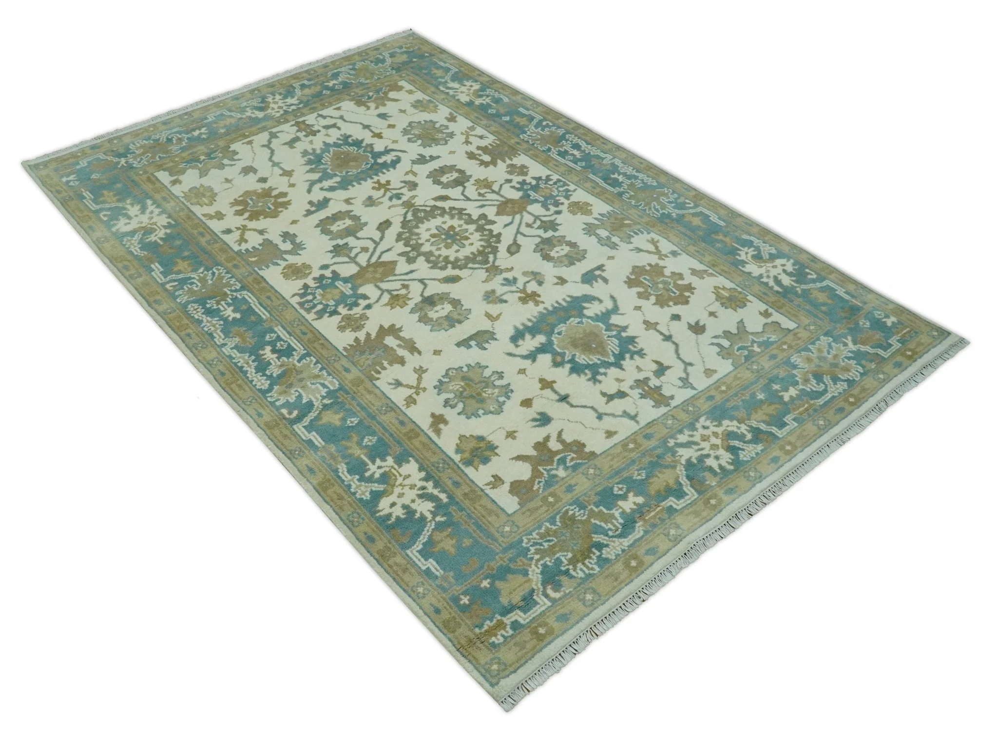 Hand Knotted Ivory, Teal and Beige Traditional Oriental Oushak Multi Size wool rug - Image 9