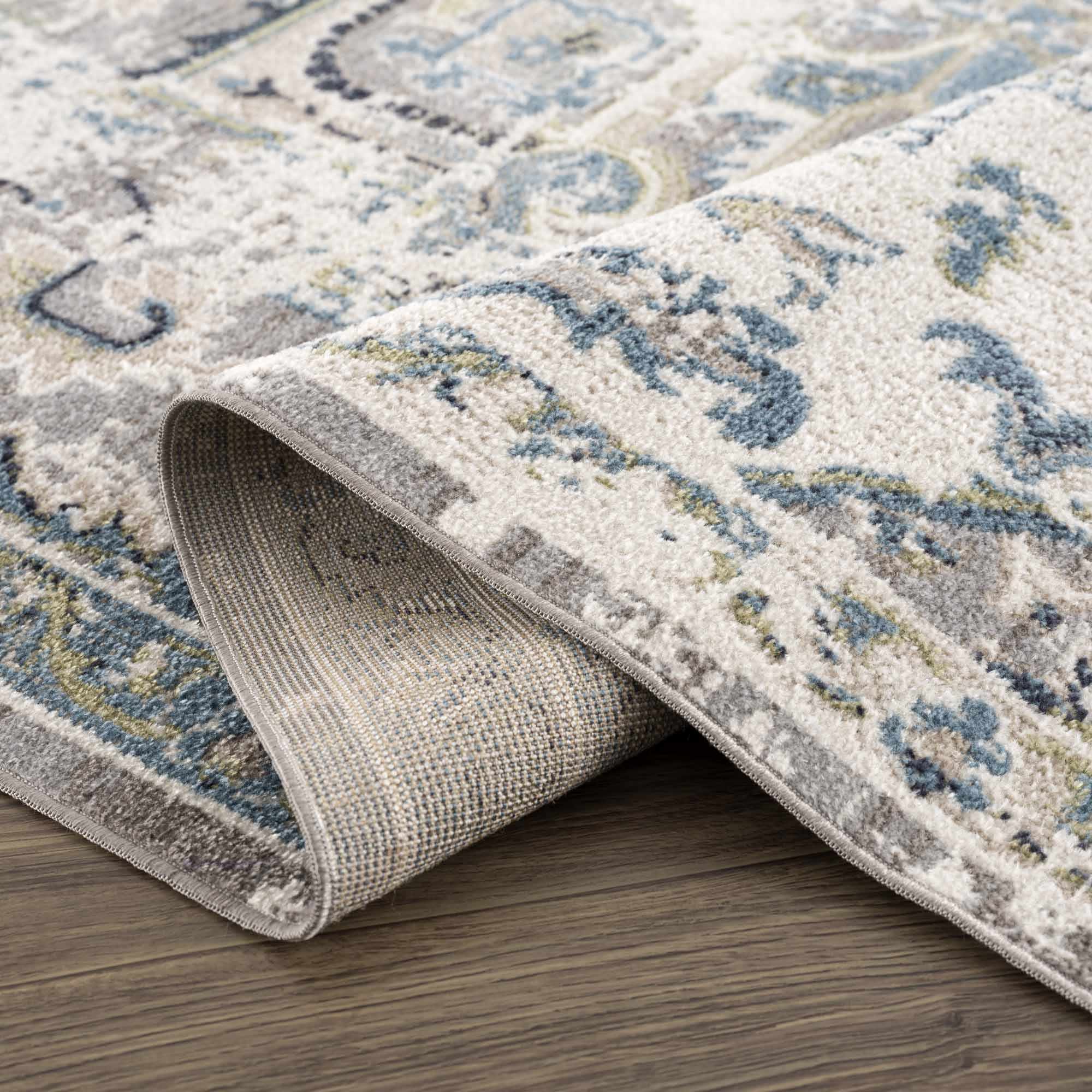 Ivory, Teal, Gray and Charcoal Traditional Transitional Design Washable Area Rug - Image 10