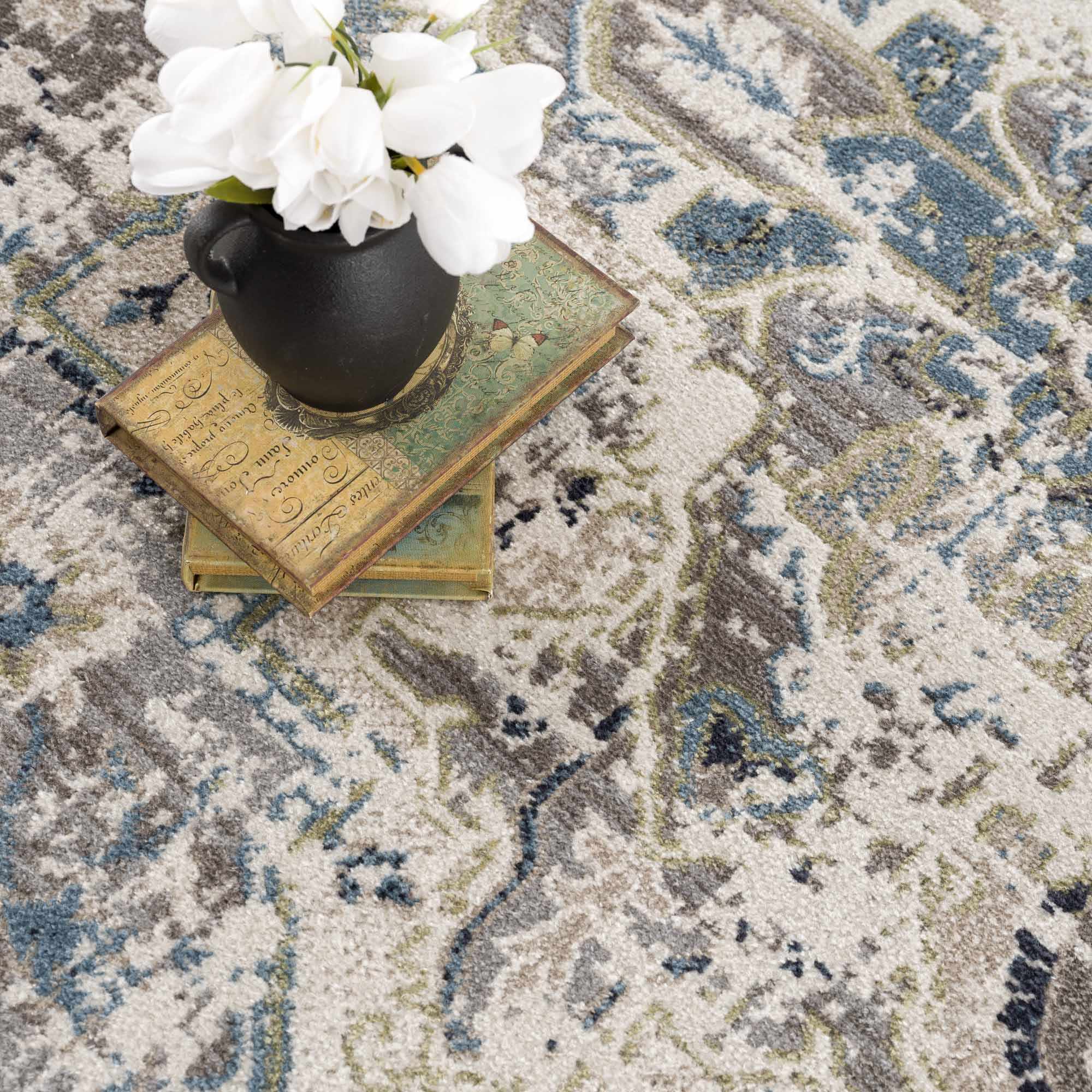 Ivory, Teal, Gray and Charcoal Traditional Transitional Design Washable Area Rug - Image 14