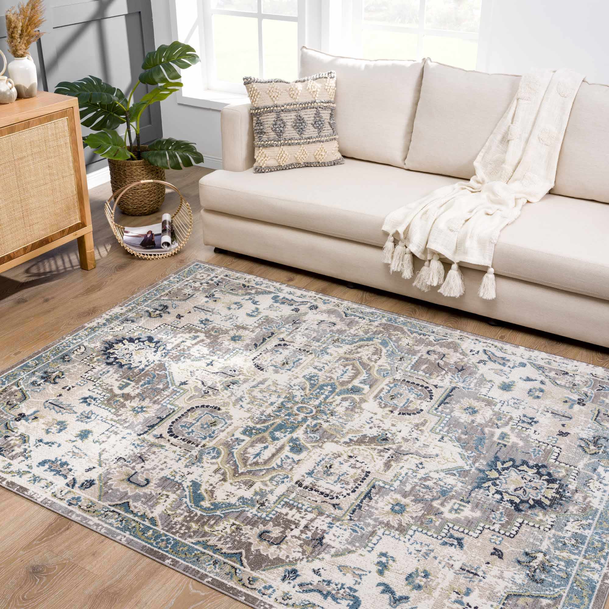 Ivory, Teal, Gray and Charcoal Traditional Transitional Design Washable Area Rug - Image 17