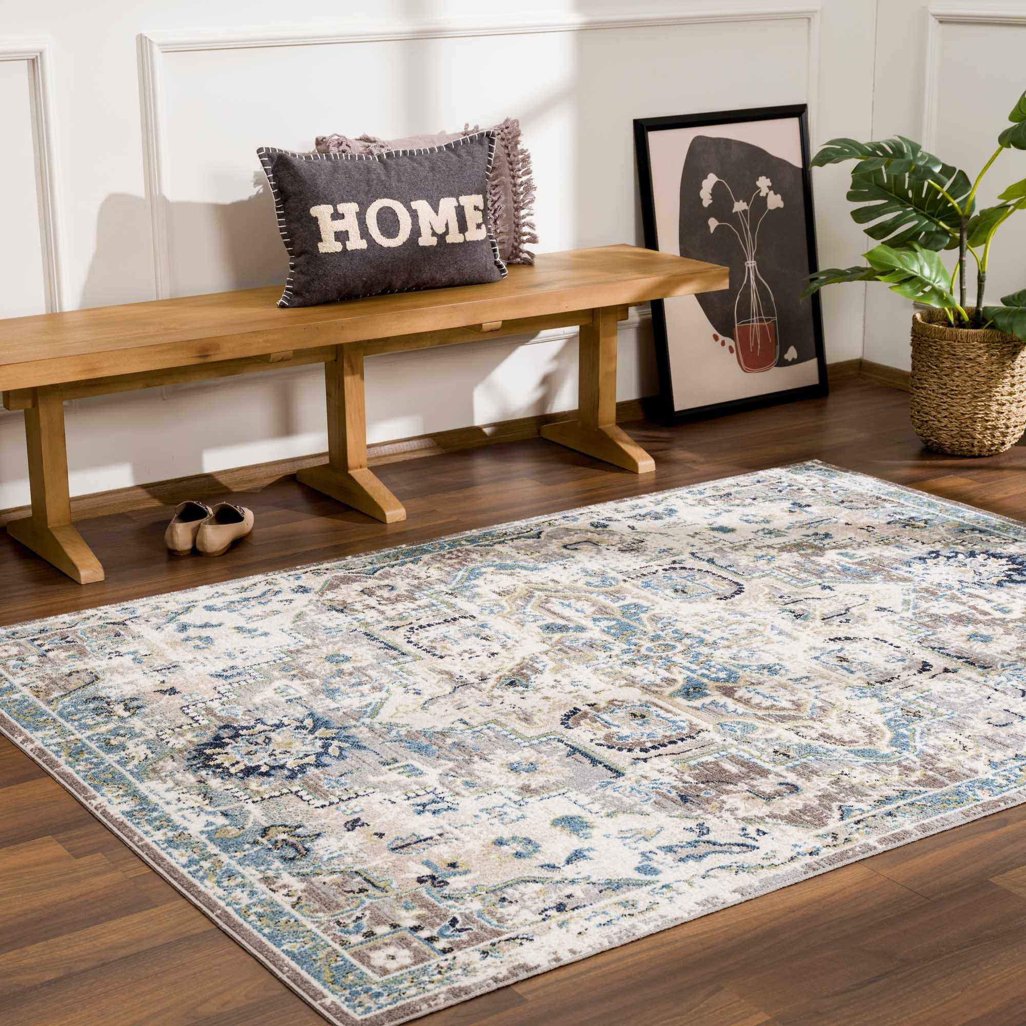 Ivory, Teal, Gray and Charcoal Traditional Transitional Design Washable Area Rug - Image 18