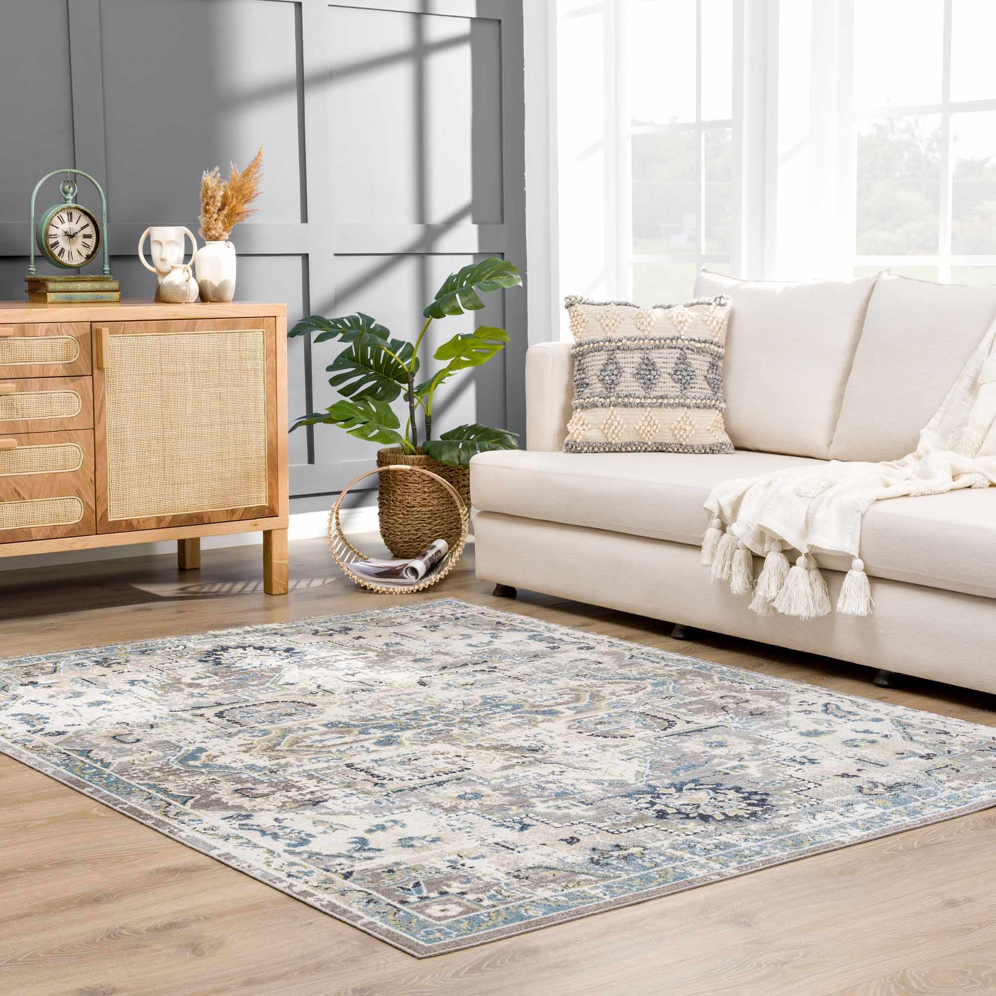 Ivory, Teal, Gray and Charcoal Traditional Transitional Design Washable Area Rug - Image 2