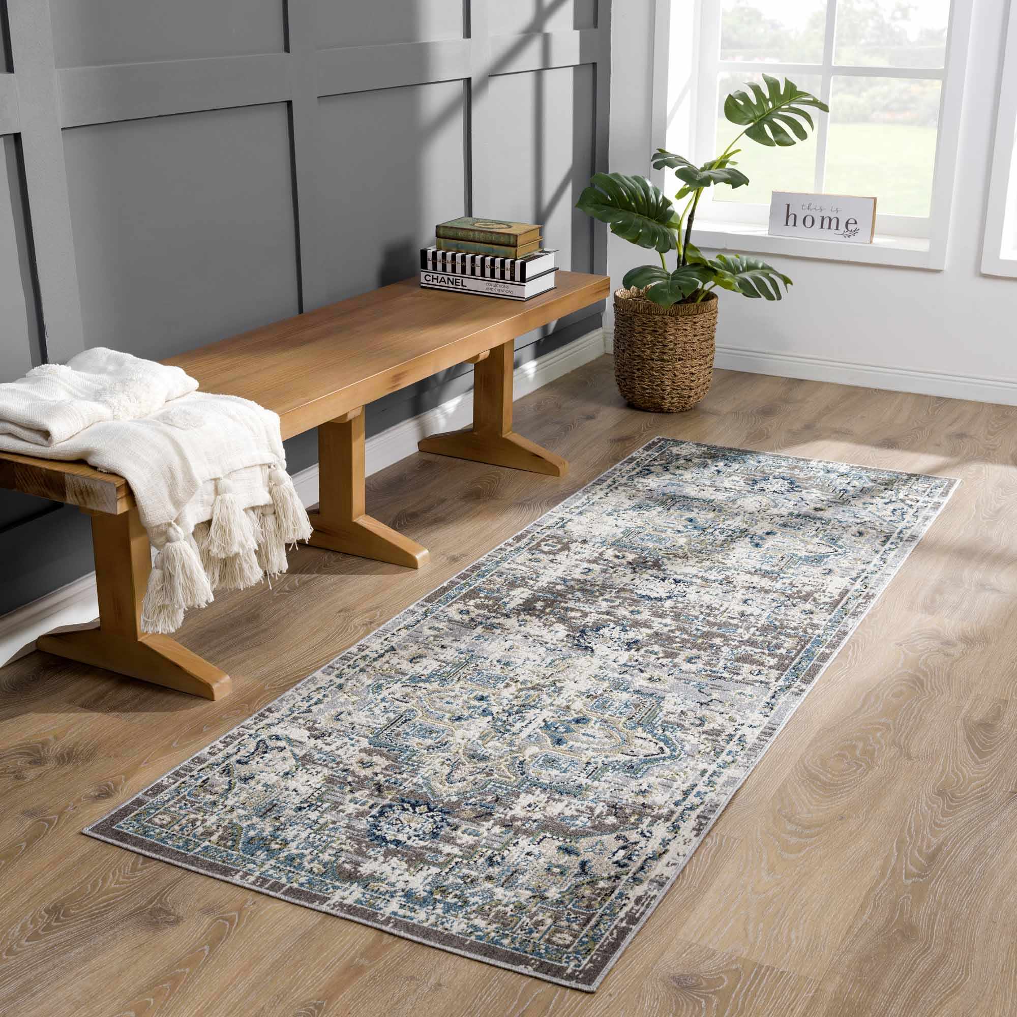 Ivory, Teal, Gray and Charcoal Traditional Transitional Design Washable Area Rug - Image 4