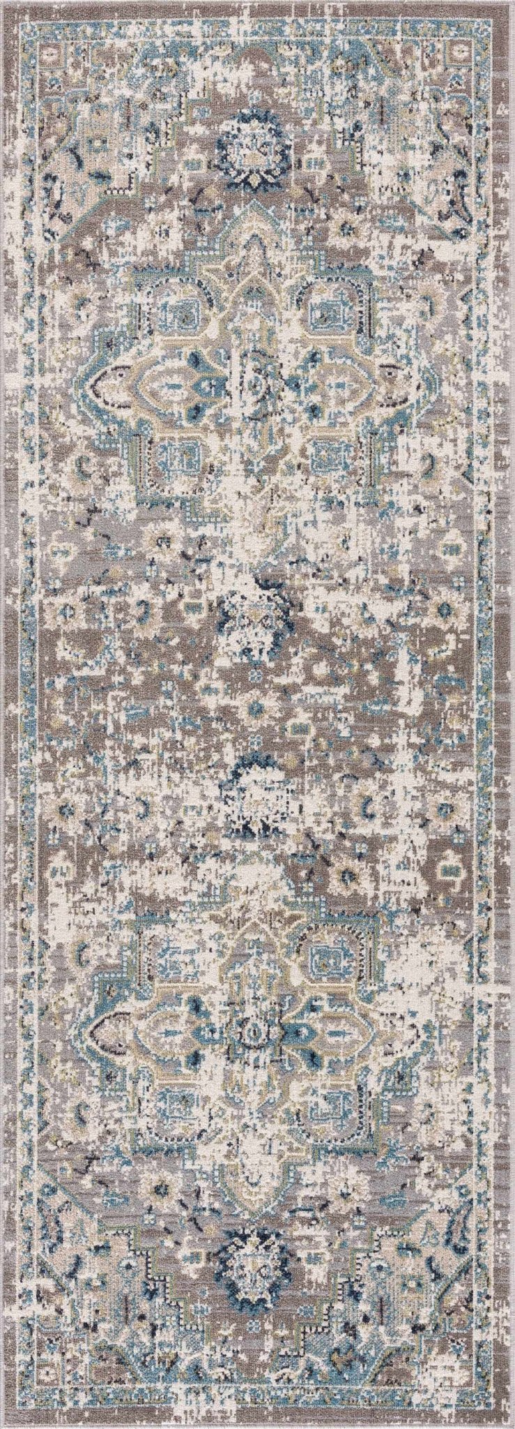 Ivory, Teal, Gray and Charcoal Traditional Transitional Design Washable Area Rug - Image 5