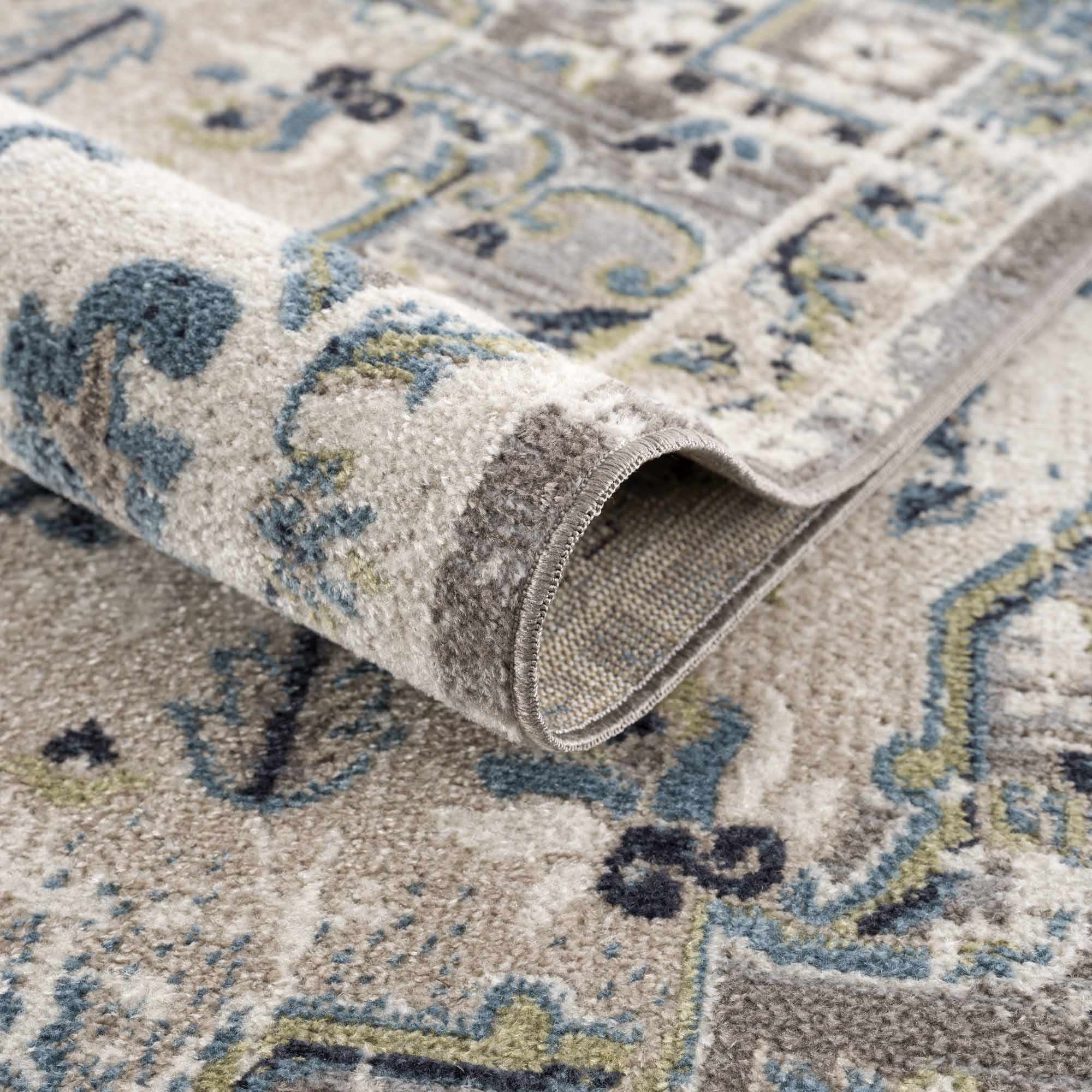 Ivory, Teal, Gray and Charcoal Traditional Transitional Design Washable Area Rug - Image 7