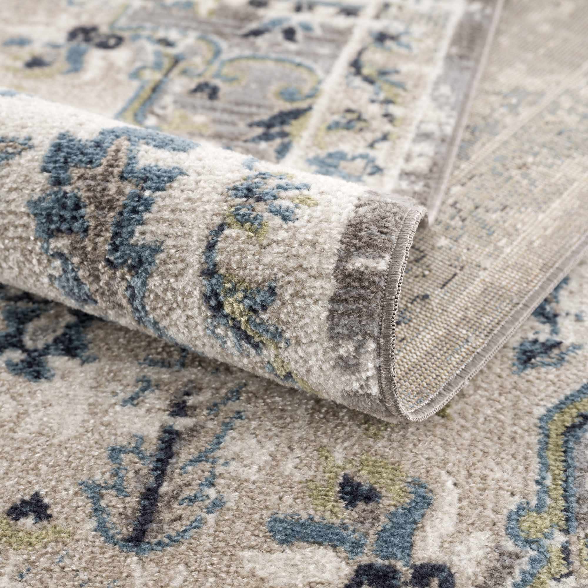 Ivory, Teal, Gray and Charcoal Traditional Transitional Design Washable Area Rug - Image 8