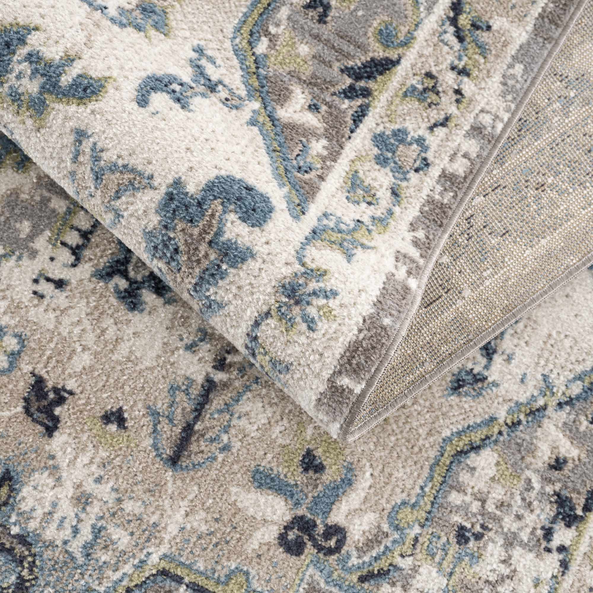 Ivory, Teal, Gray and Charcoal Traditional Transitional Design Washable Area Rug - Image 9