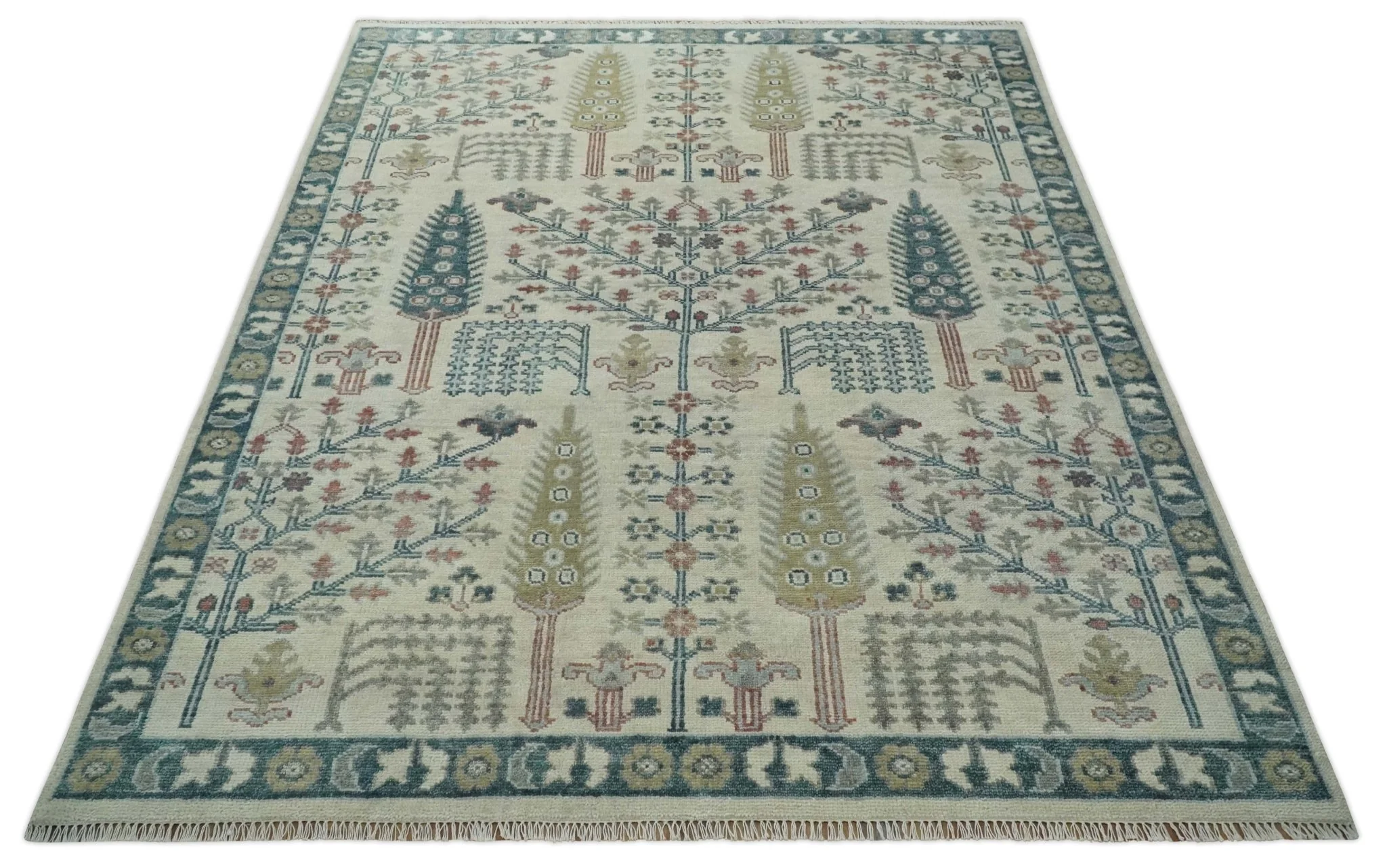 Tree of life Ivory, Teal, Olive and Brown Hand Knotted Traditional Oushak wool Area Rug - Image 10