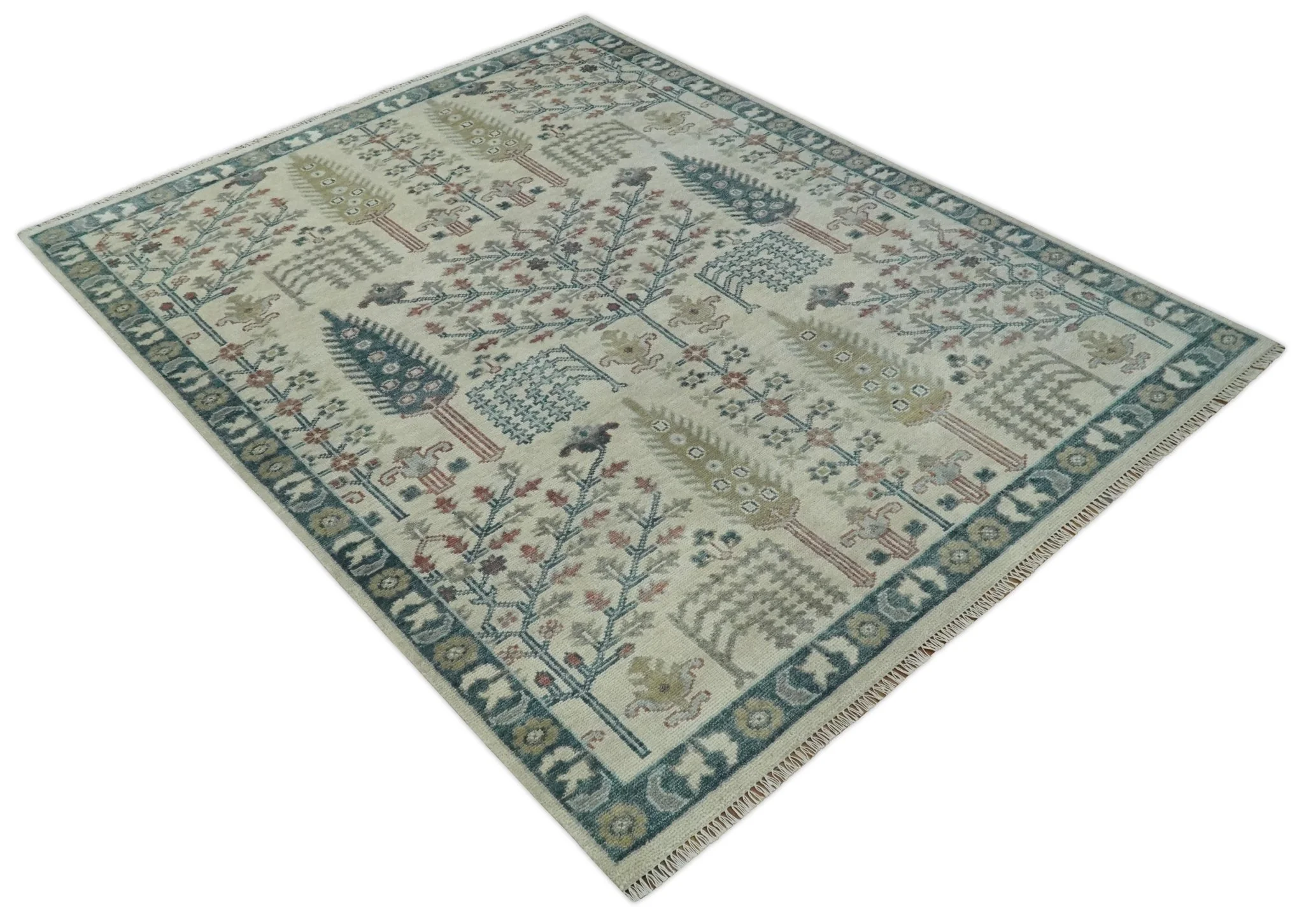 Tree of life Ivory, Teal, Olive and Brown Hand Knotted Traditional Oushak wool Area Rug - Image 11