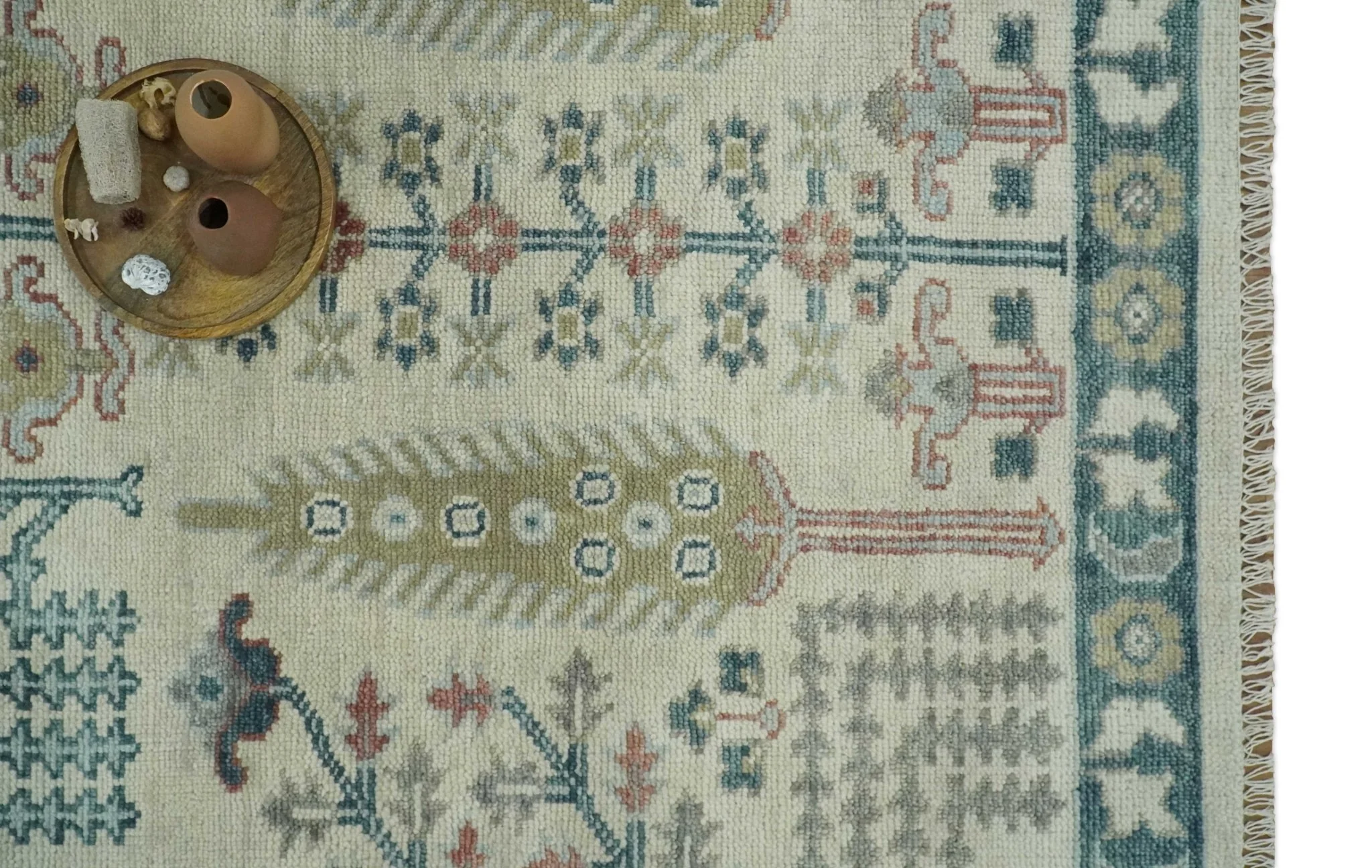 Tree of life Ivory, Teal, Olive and Brown Hand Knotted Traditional Oushak wool Area Rug - Image 12