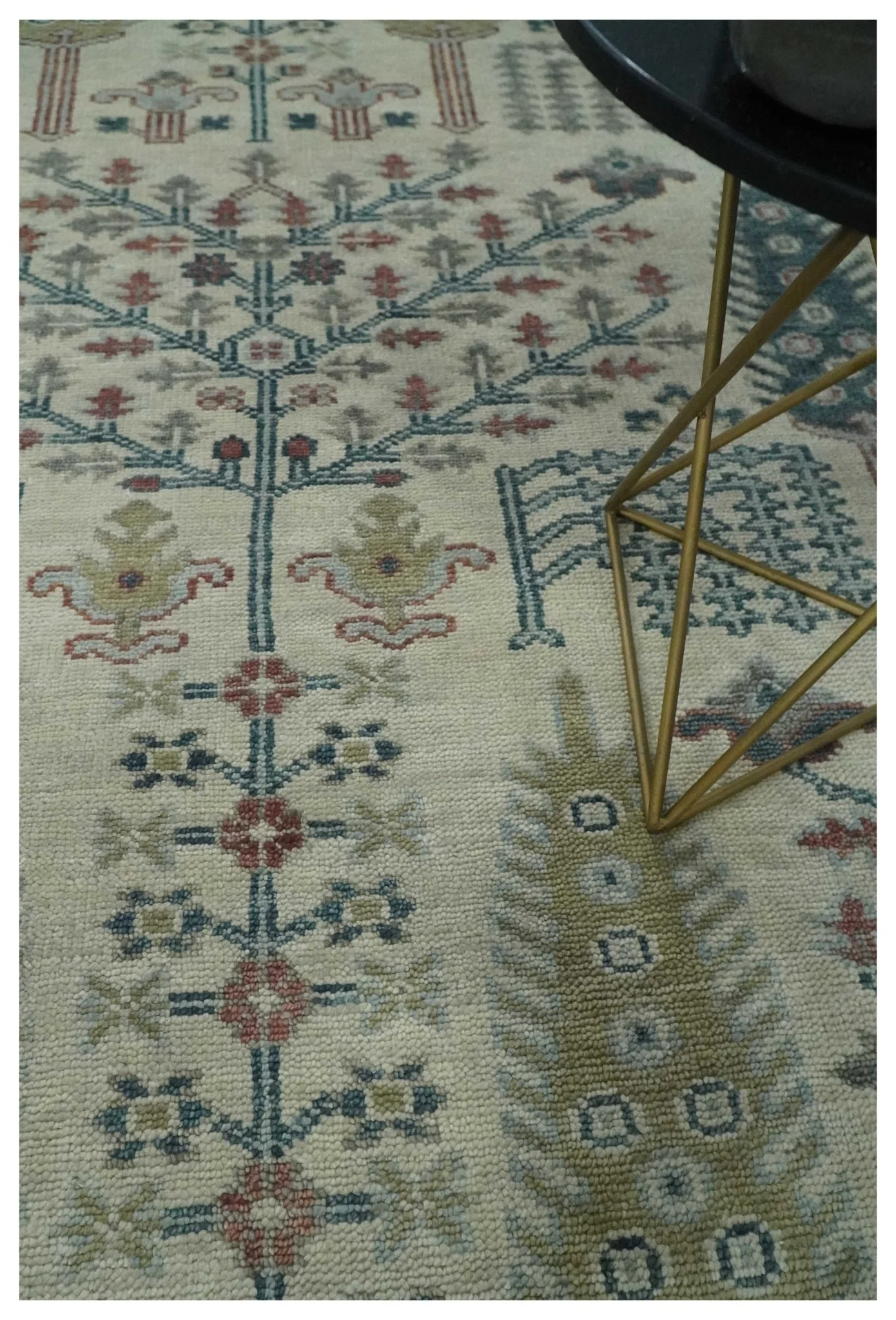 Tree of life Ivory, Teal, Olive and Brown Hand Knotted Traditional Oushak wool Area Rug - Image 2