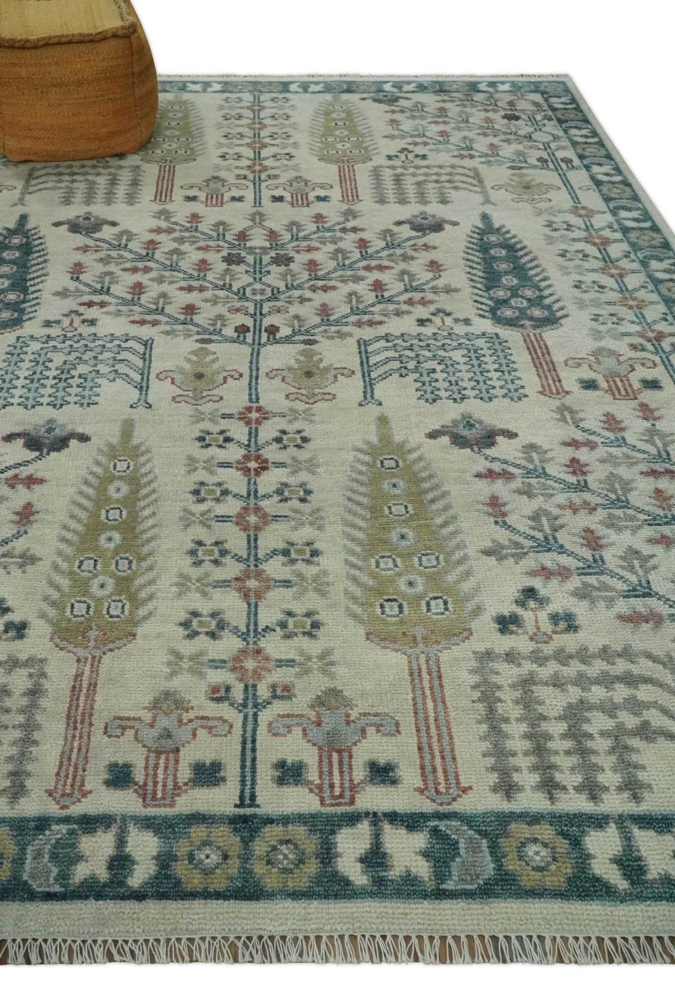 Tree of life Ivory, Teal, Olive and Brown Hand Knotted Traditional Oushak wool Area Rug - Image 3