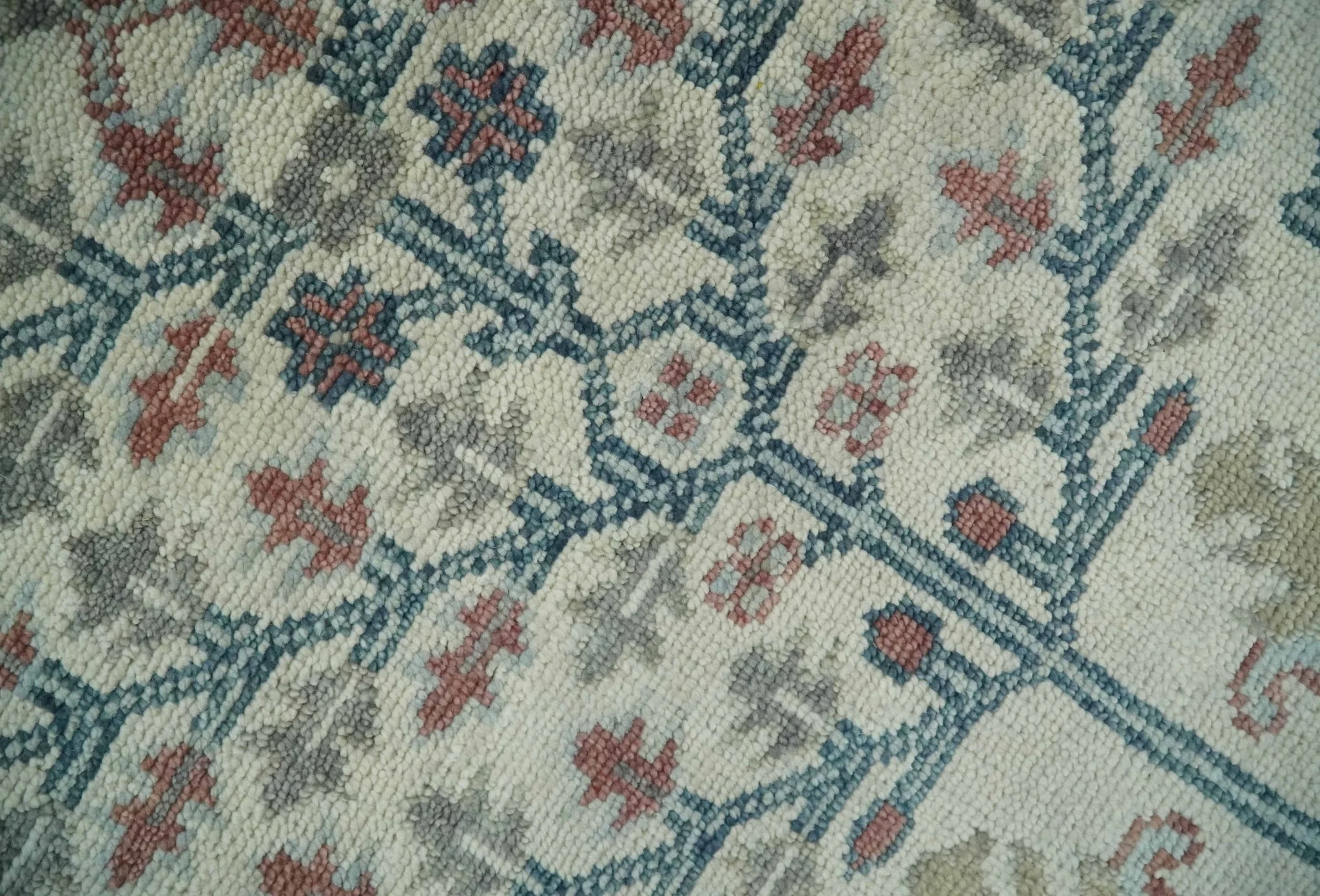 Tree of life Ivory, Teal, Olive and Brown Hand Knotted Traditional Oushak wool Area Rug - Image 4