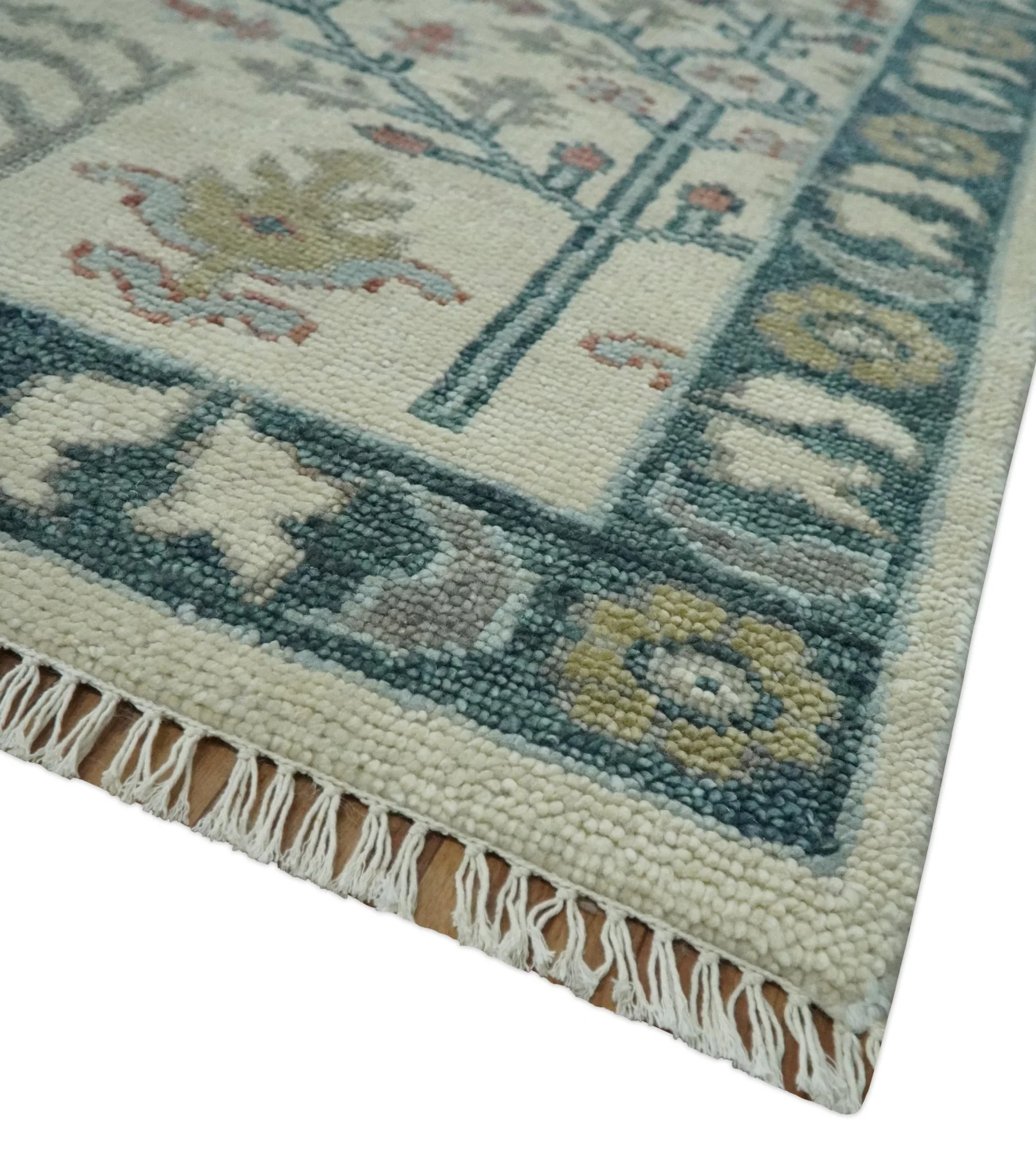 Tree of life Ivory, Teal, Olive and Brown Hand Knotted Traditional Oushak wool Area Rug - Image 5
