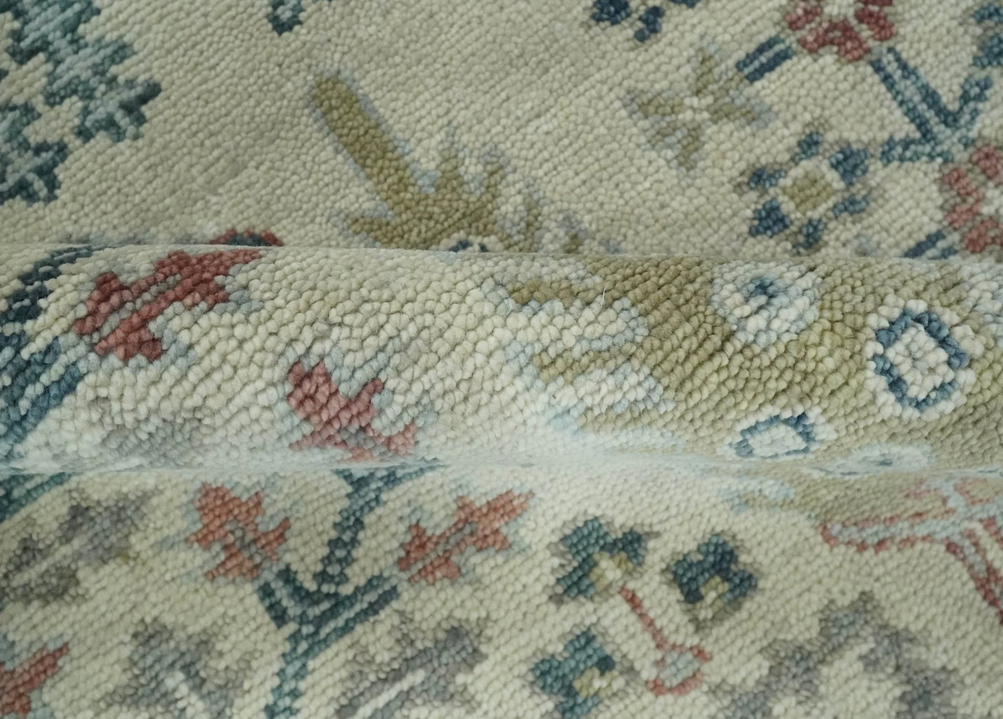 Tree of life Ivory, Teal, Olive and Brown Hand Knotted Traditional Oushak wool Area Rug - Image 6