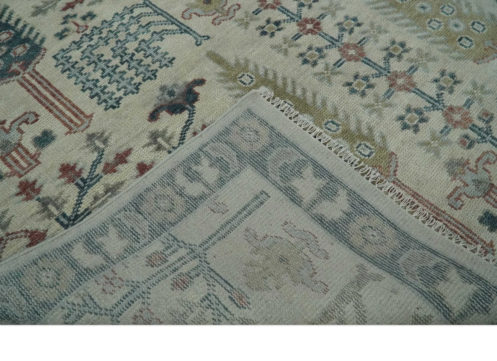 Tree of life Ivory, Teal, Olive and Brown Hand Knotted Traditional Oushak wool Area Rug - Image 7