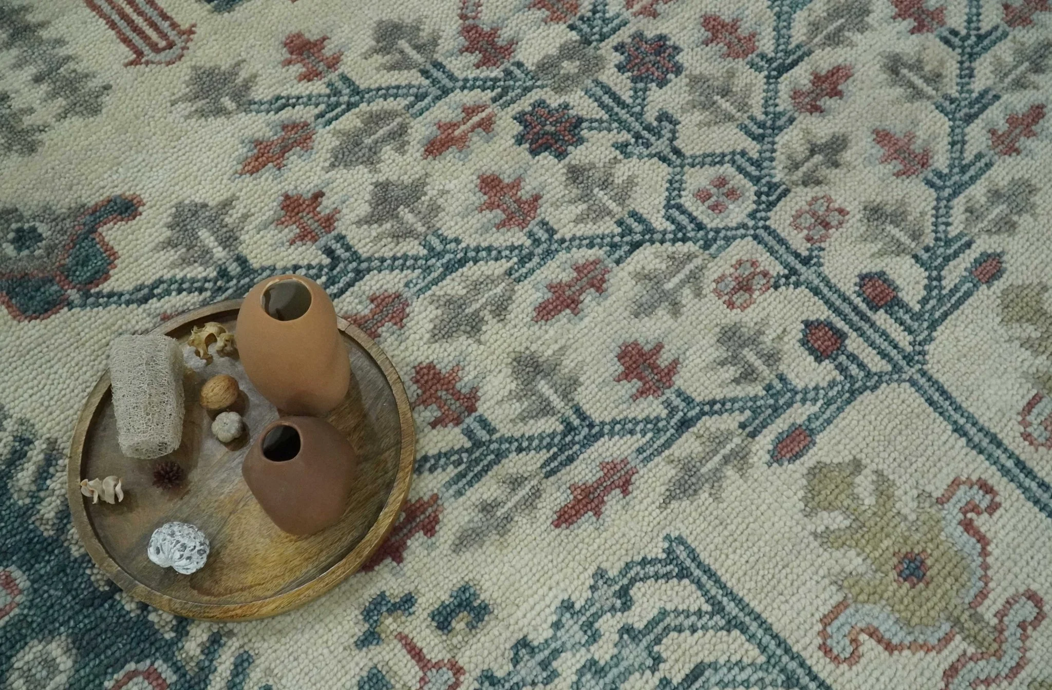 Tree of life Ivory, Teal, Olive and Brown Hand Knotted Traditional Oushak wool Area Rug - Image 8