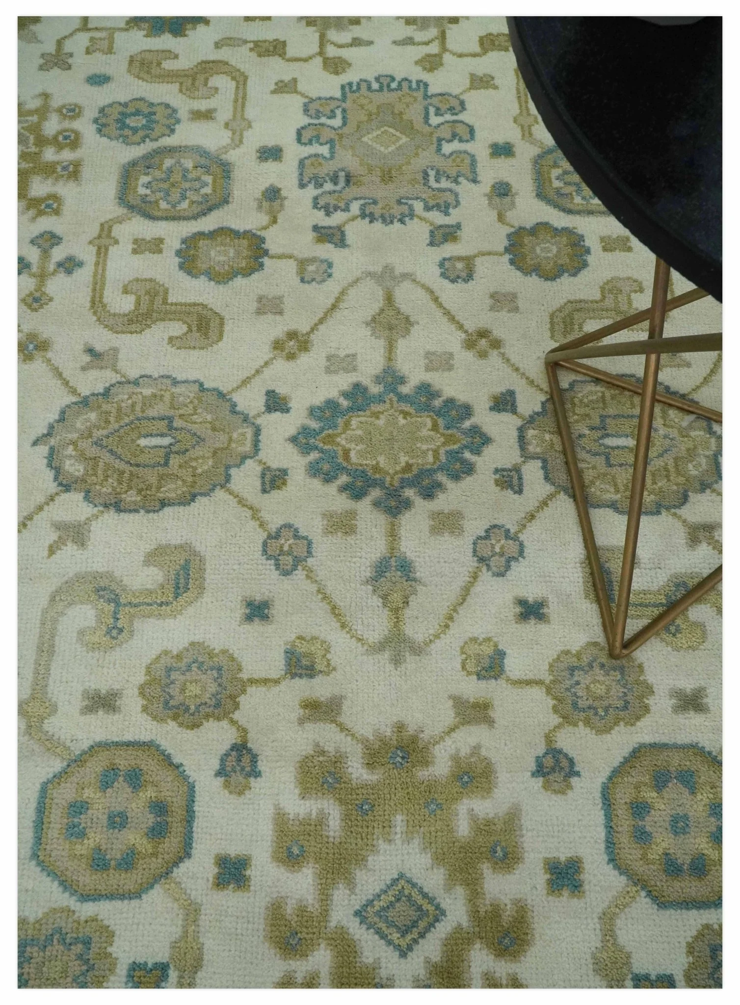 Custom Made Hand Knotted Ivory, Teal and Olive Traditional Oriental Oushak wool rug - Image 2
