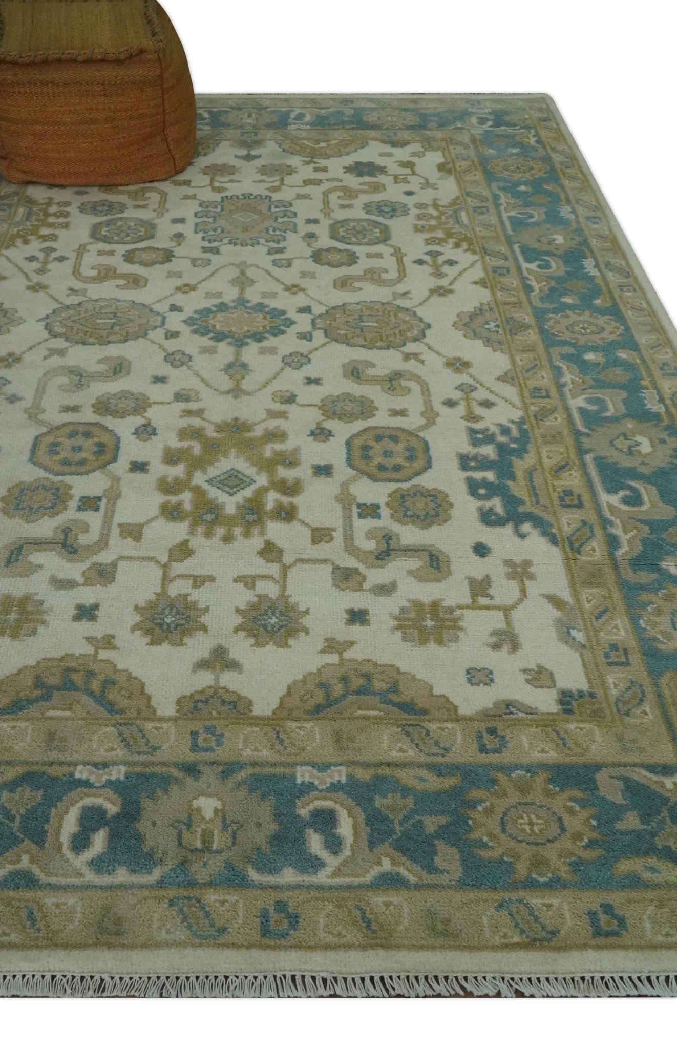 Custom Made Hand Knotted Ivory, Teal and Olive Traditional Oriental Oushak wool rug - Image 3