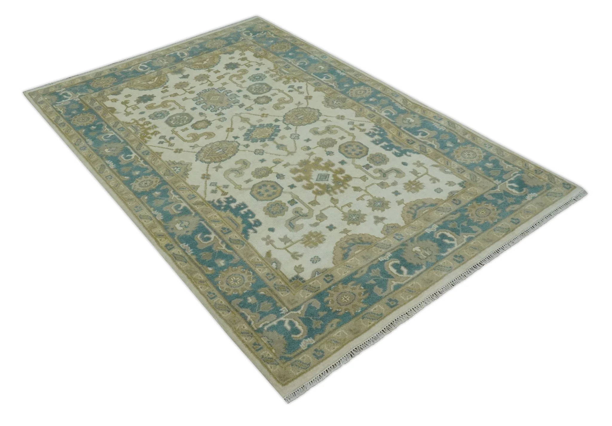 Custom Made Hand Knotted Ivory, Teal and Olive Traditional Oriental Oushak wool rug - Image 5