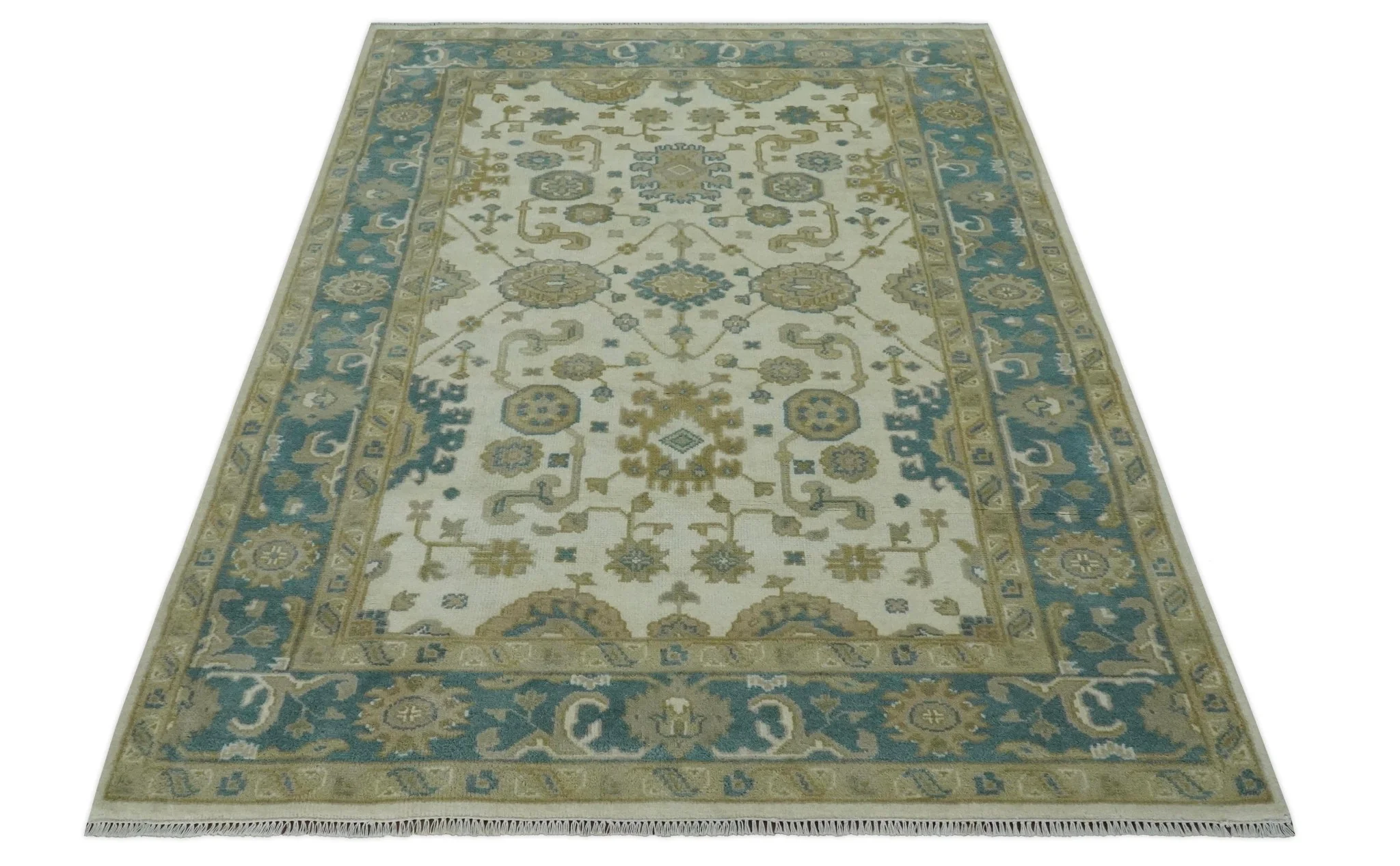 Custom Made Hand Knotted Ivory, Teal and Olive Traditional Oriental Oushak wool rug - Image 6