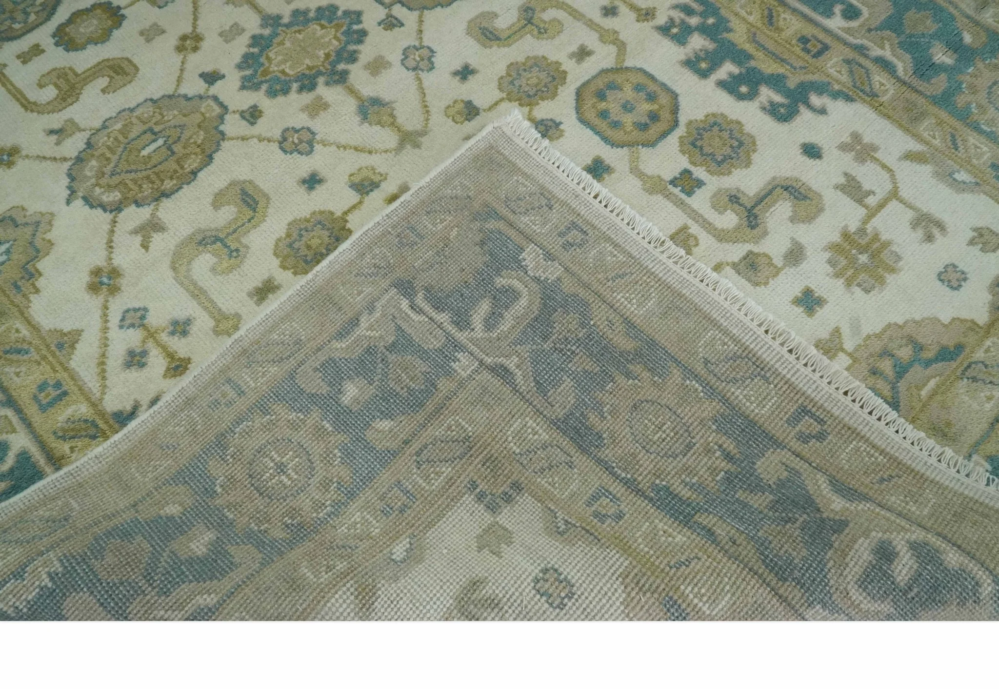 Custom Made Hand Knotted Ivory, Teal and Olive Traditional Oriental Oushak wool rug - Image 7