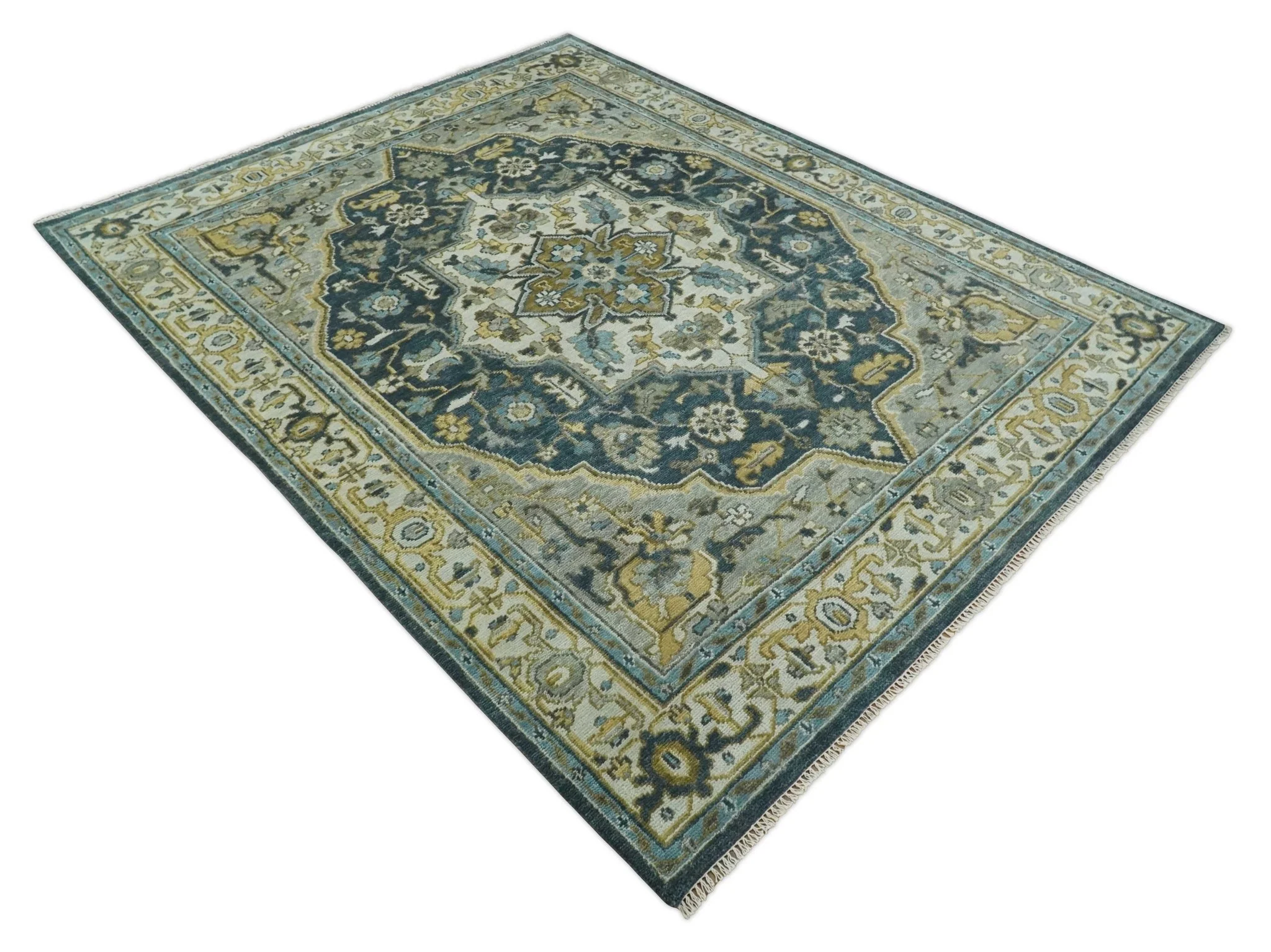 Ivory, Teal, silver and Olive Hand Knotted Traditional Heriz Medallion Multi size wool Area Rug - Image 10