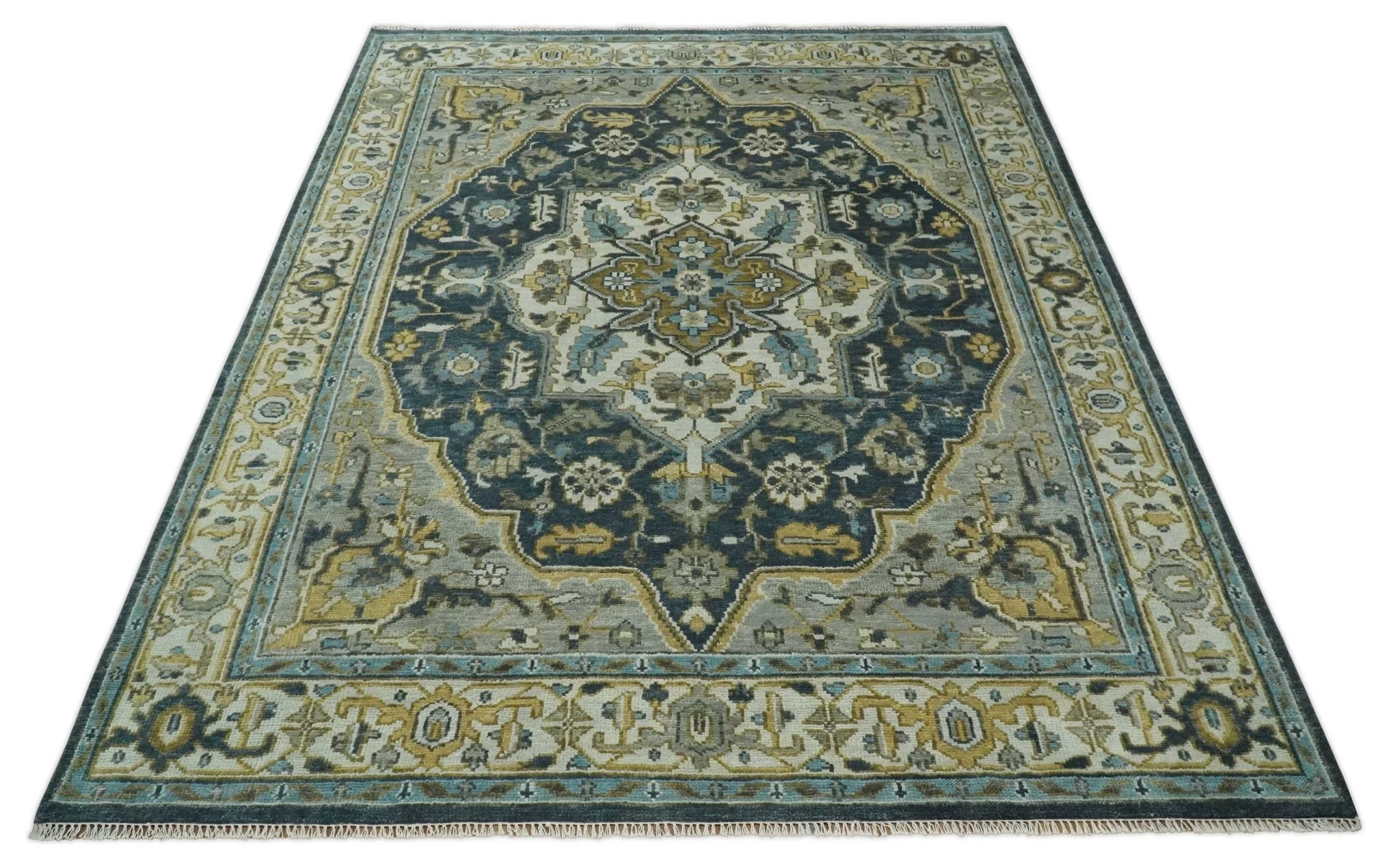 Ivory, Teal, silver and Olive Hand Knotted Traditional Heriz Medallion Multi size wool Area Rug - Image 11
