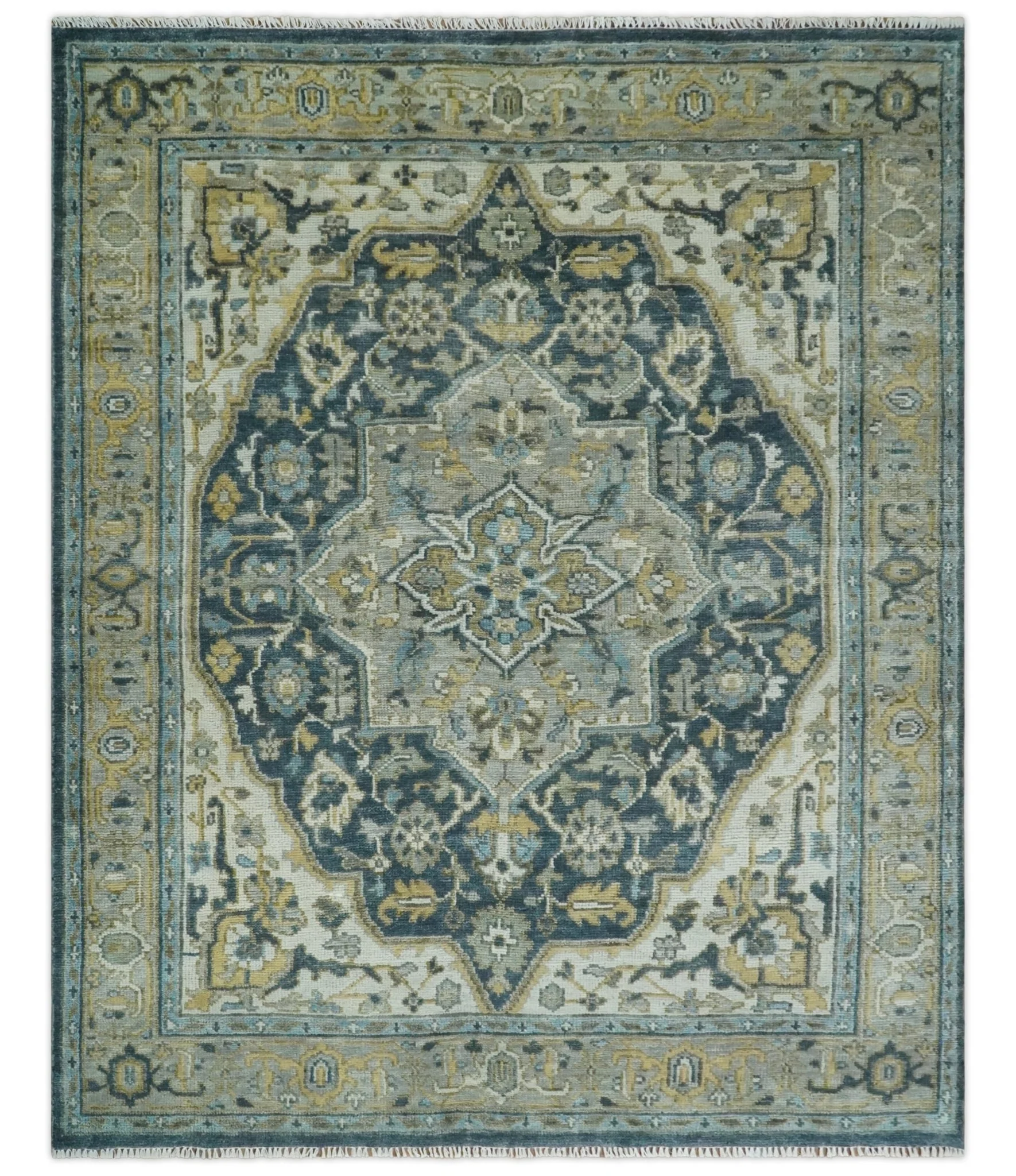 Ivory, Teal, silver and Olive Hand Knotted Traditional Heriz Medallion Multi size wool Area Rug - Image 12