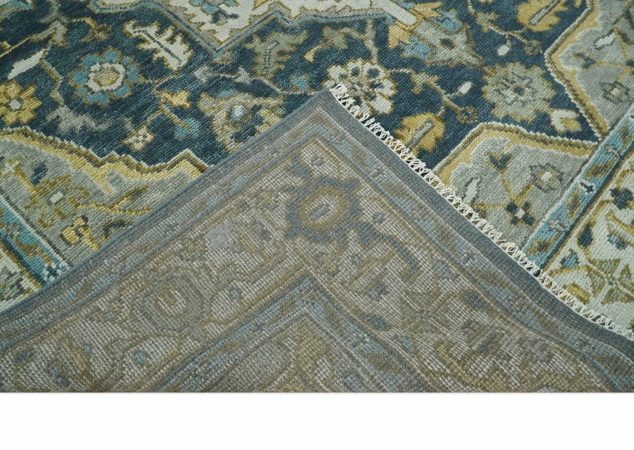 Ivory, Teal, silver and Olive Hand Knotted Traditional Heriz Medallion Multi size wool Area Rug - Image 4