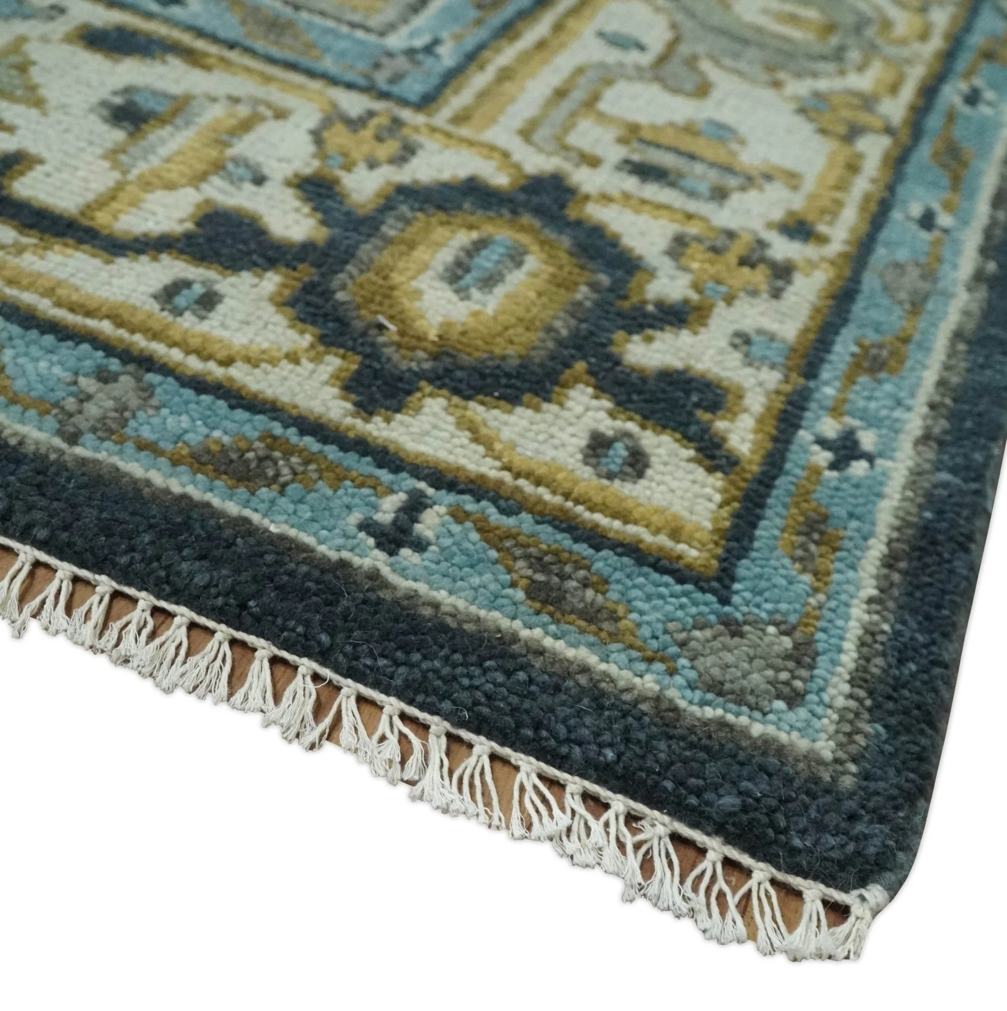 Ivory, Teal, silver and Olive Hand Knotted Traditional Heriz Medallion Multi size wool Area Rug - Image 8