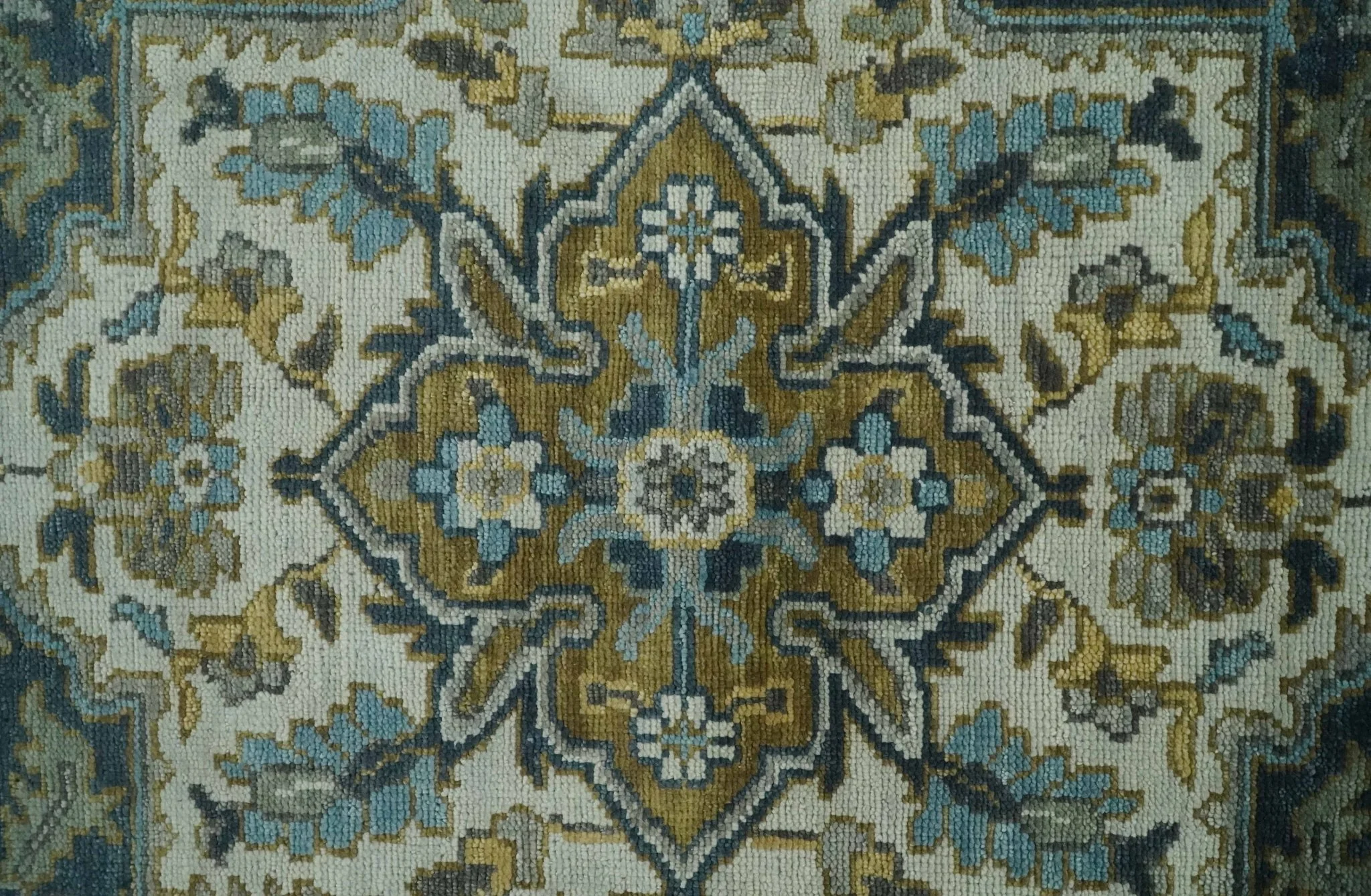 Ivory, Teal, silver and Olive Hand Knotted Traditional Heriz Medallion Multi size wool Area Rug - Image 9