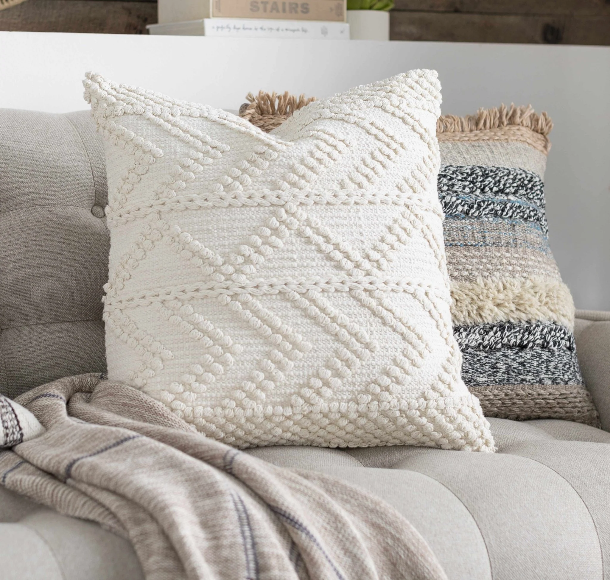 Hand Woven Ivory Textured Crochet Chevron Design Cotton Square Throw Pillow - Image 2