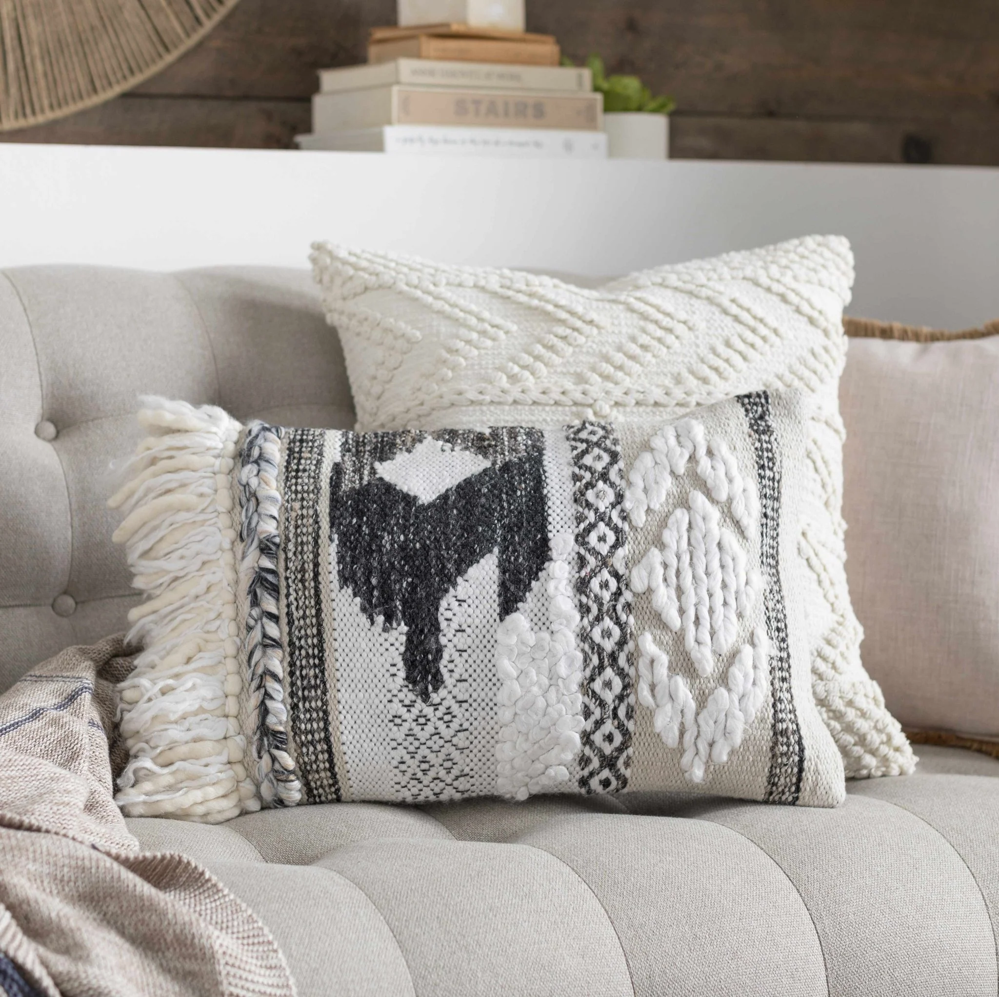 Hand Woven Ivory Textured Crochet Chevron Design Cotton Square Throw Pillow - Image 4
