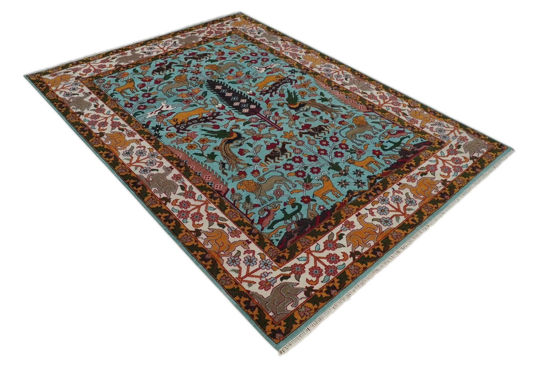Jungle Animal Tree of Life 9x12 Hand Knotted Blue, Gold and Ivory Traditional Vintage Persian Style Antique Wool Rug | TRDCP843912 - Image 10