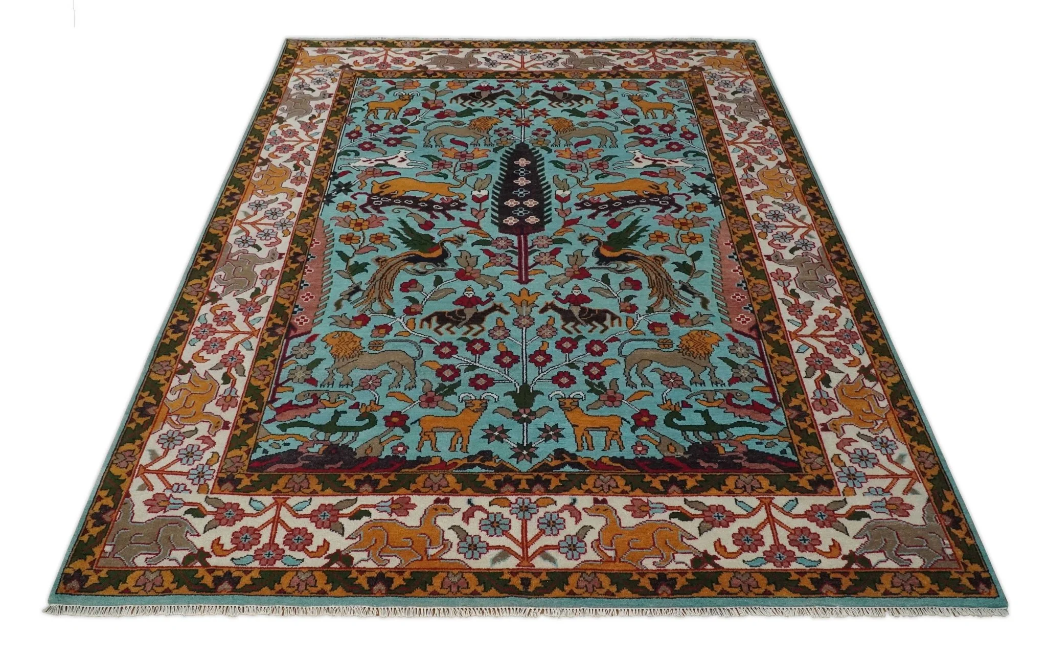 Jungle Animal Tree of Life 9x12 Hand Knotted Blue, Gold and Ivory Traditional Vintage Persian Style Antique Wool Rug | TRDCP843912 - Image 11