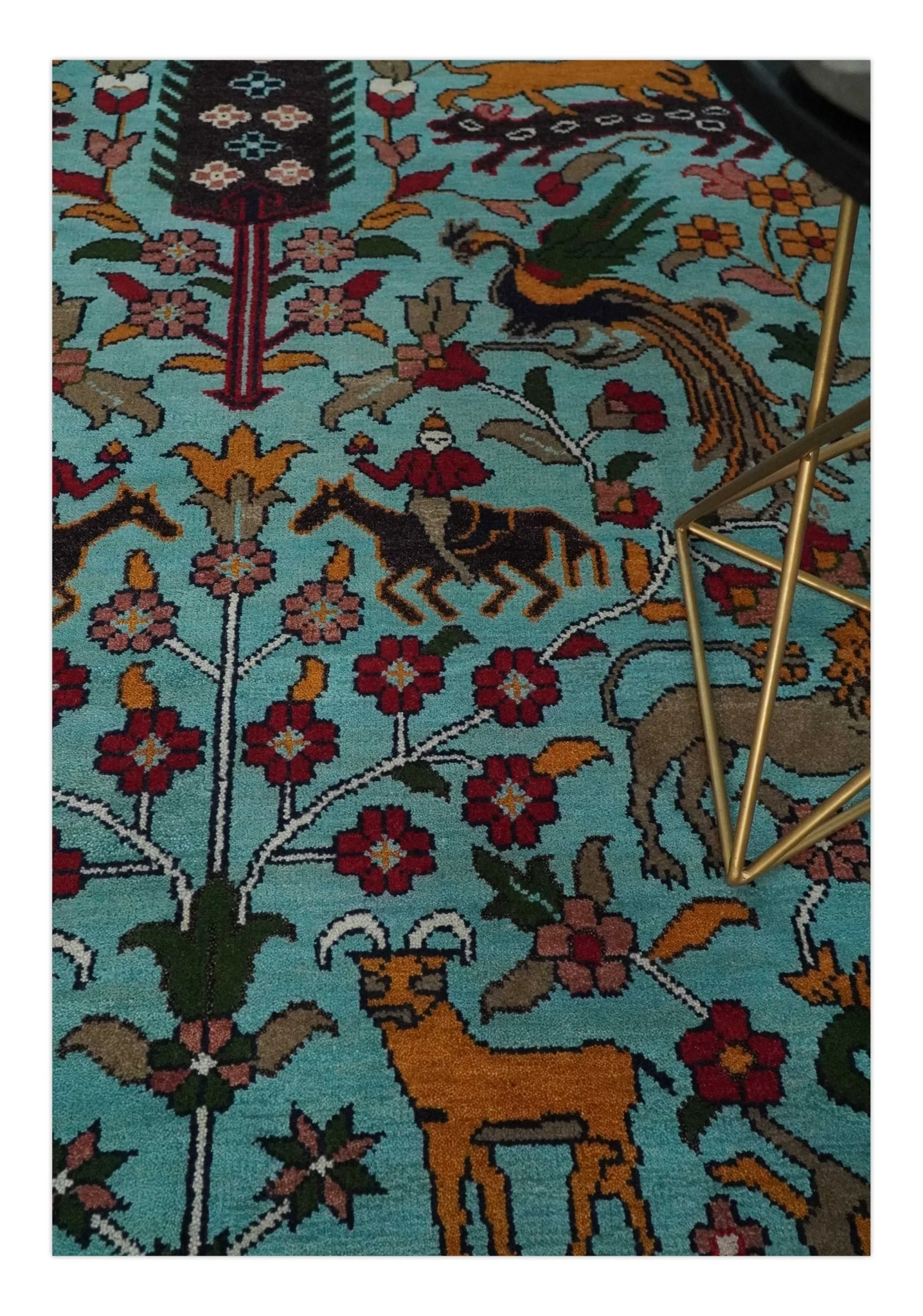 Jungle Animal Tree of Life 9x12 Hand Knotted Blue, Gold and Ivory Traditional Vintage Persian Style Antique Wool Rug | TRDCP843912 - Image 2