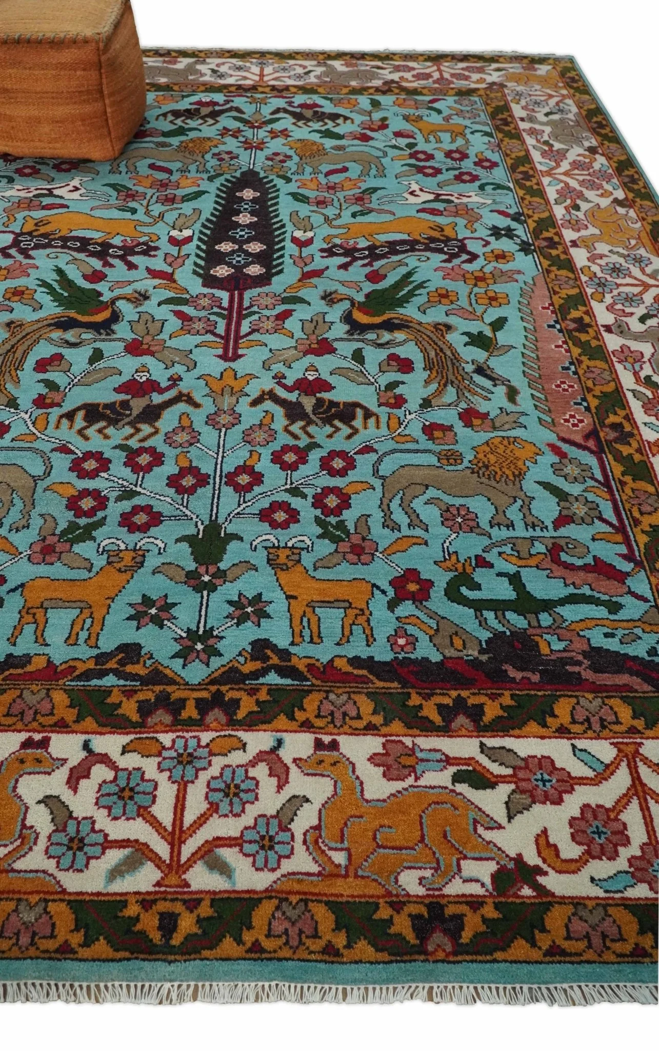Jungle Animal Tree of Life 9x12 Hand Knotted Blue, Gold and Ivory Traditional Vintage Persian Style Antique Wool Rug | TRDCP843912 - Image 3