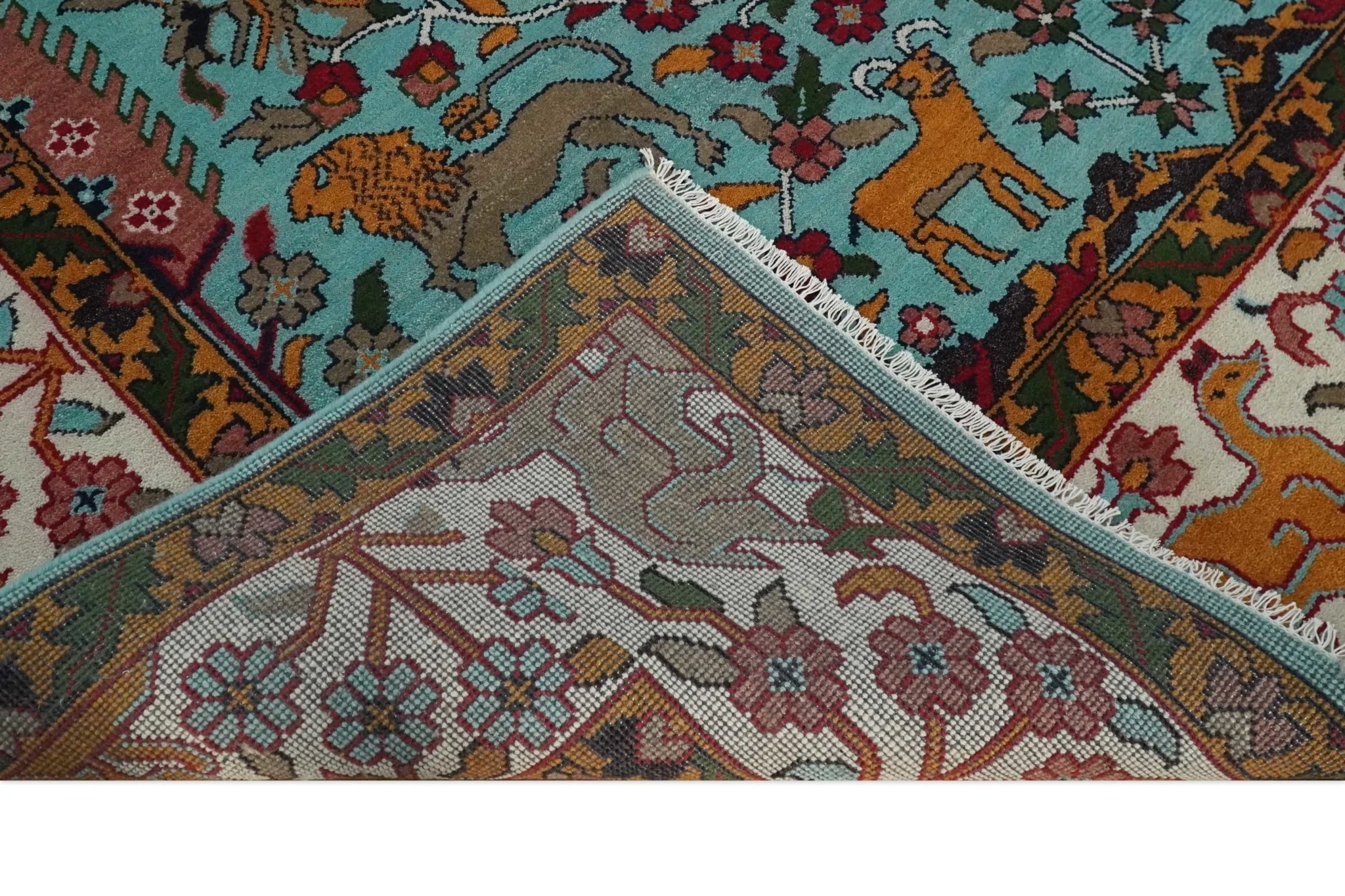 Jungle Animal Tree of Life 9x12 Hand Knotted Blue, Gold and Ivory Traditional Vintage Persian Style Antique Wool Rug | TRDCP843912 - Image 7