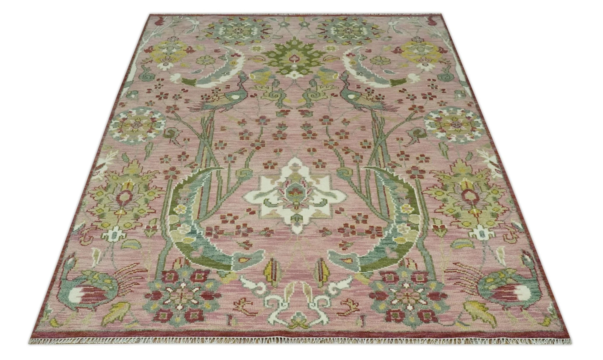 The Peacock Garden Pink and Green Peacock Bird Hand Knotted Multi size Wool Area Rug - Image 11