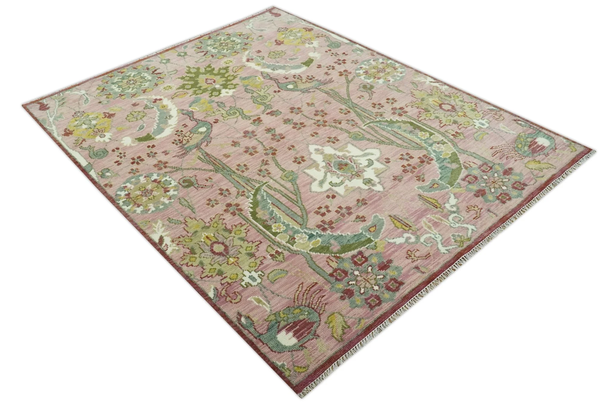 The Peacock Garden Pink and Green Peacock Bird Hand Knotted Multi size Wool Area Rug - Image 12