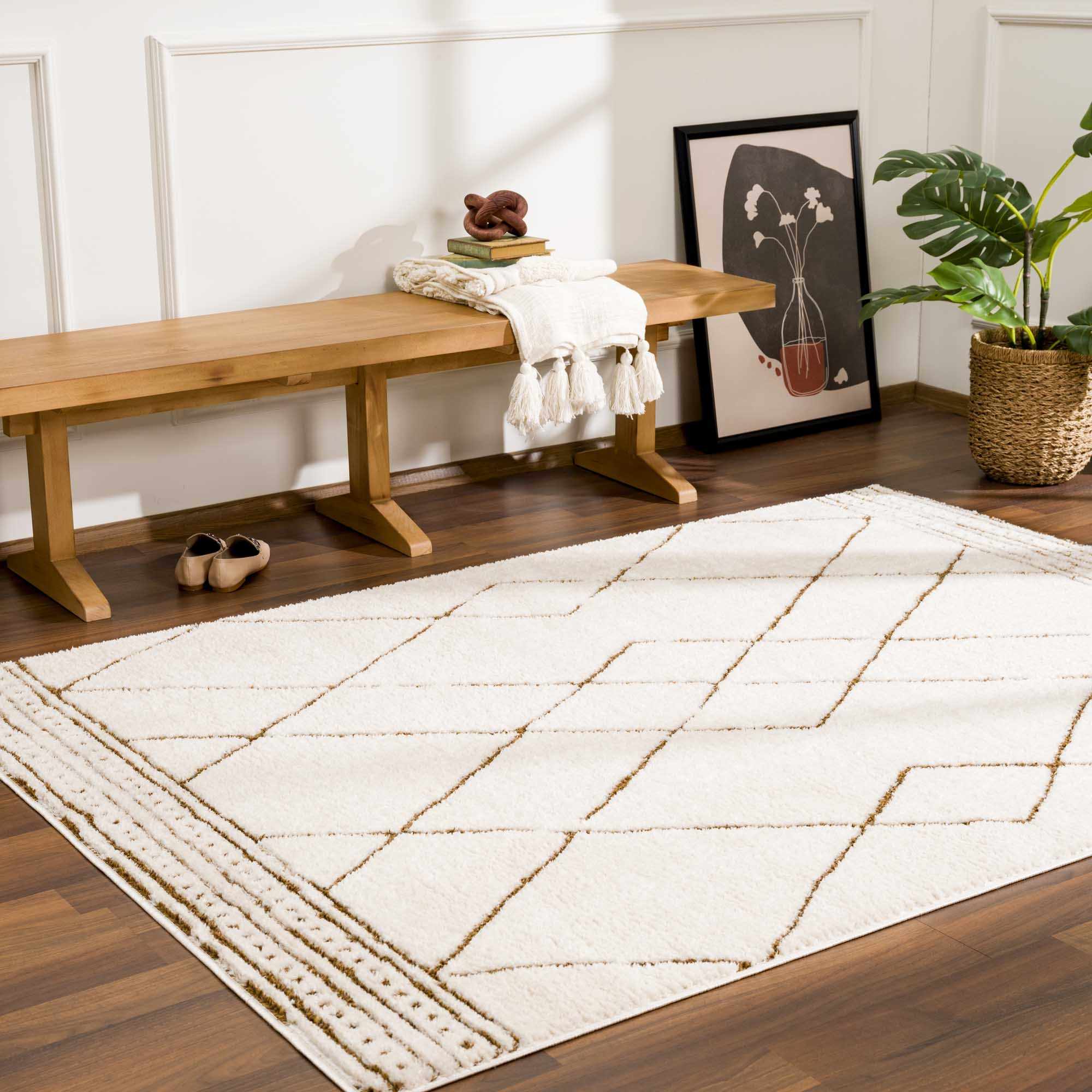 Modern Geometric rose cream, Brown Machine woven woolen area rug - Image 18