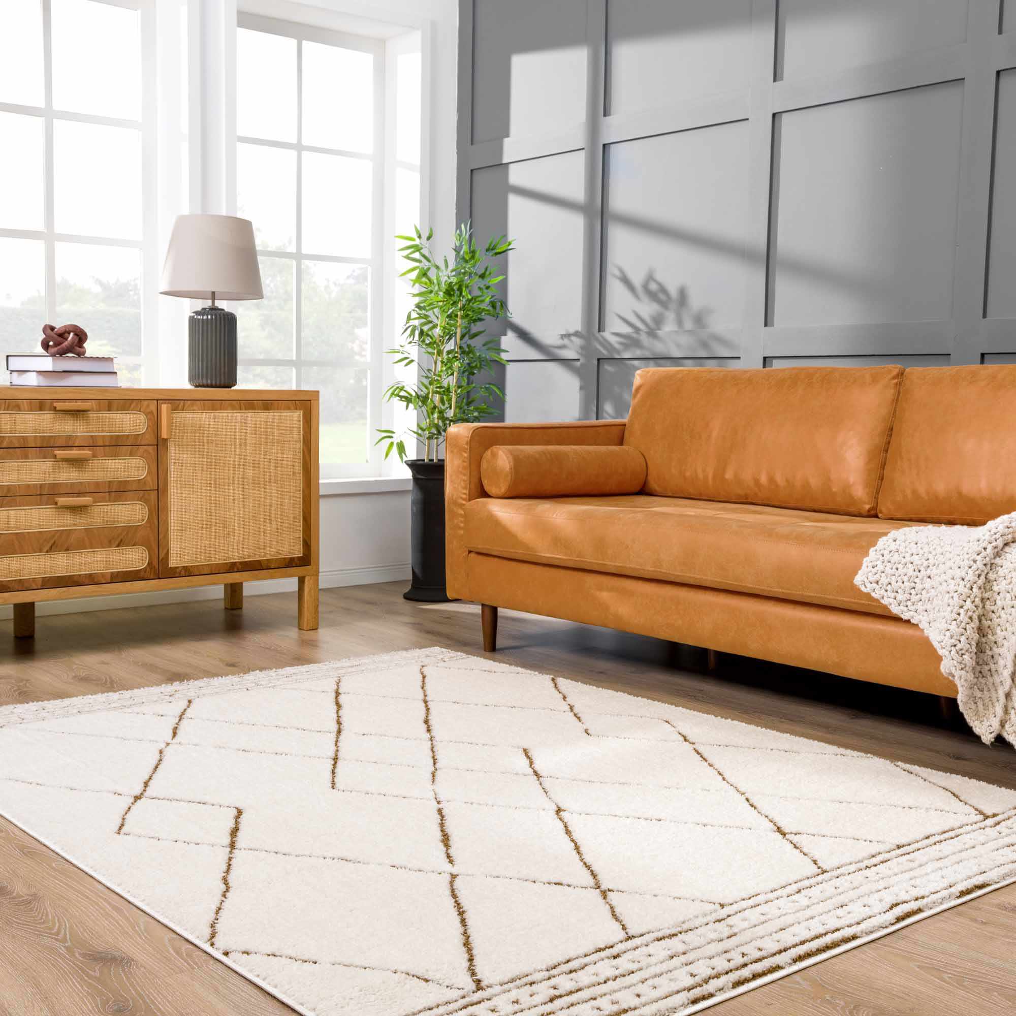 Modern Geometric rose cream, Brown Machine woven woolen area rug - Image 5