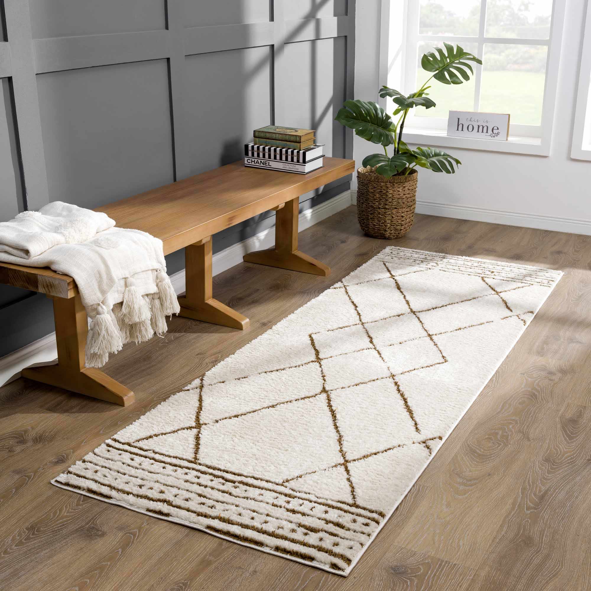 Modern Geometric rose cream, Brown Machine woven woolen area rug - Image 6